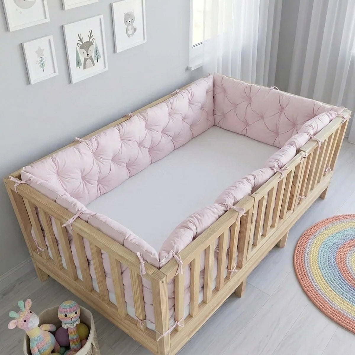 Beşik Kenar Koruma Minderi %100 Pamuk - Montessori Yatak Uyumlu - Toz Pembe - Buble Soft