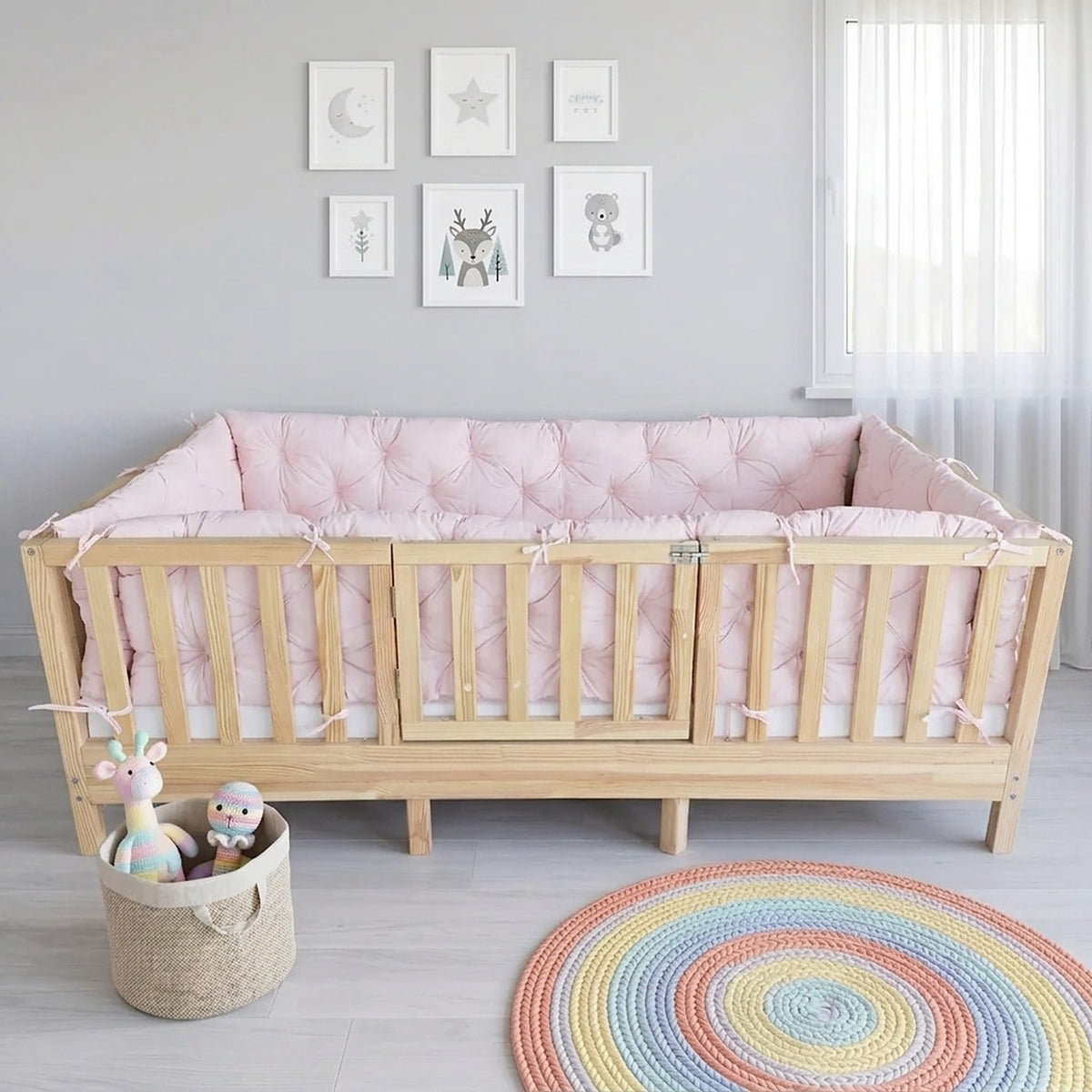 Beşik Kenar Koruma Minderi %100 Pamuk - Montessori Yatak Uyumlu - Toz Pembe - Buble Soft
