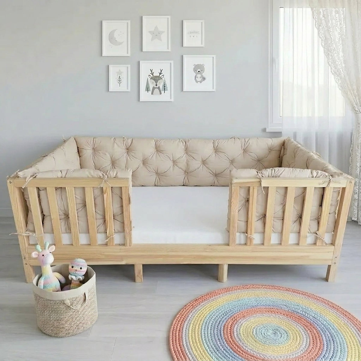 Beşik Kenar Koruma Minderi %100 Pamuk - Montessori Yatak Uyumlu - Vanilya - Buble Soft