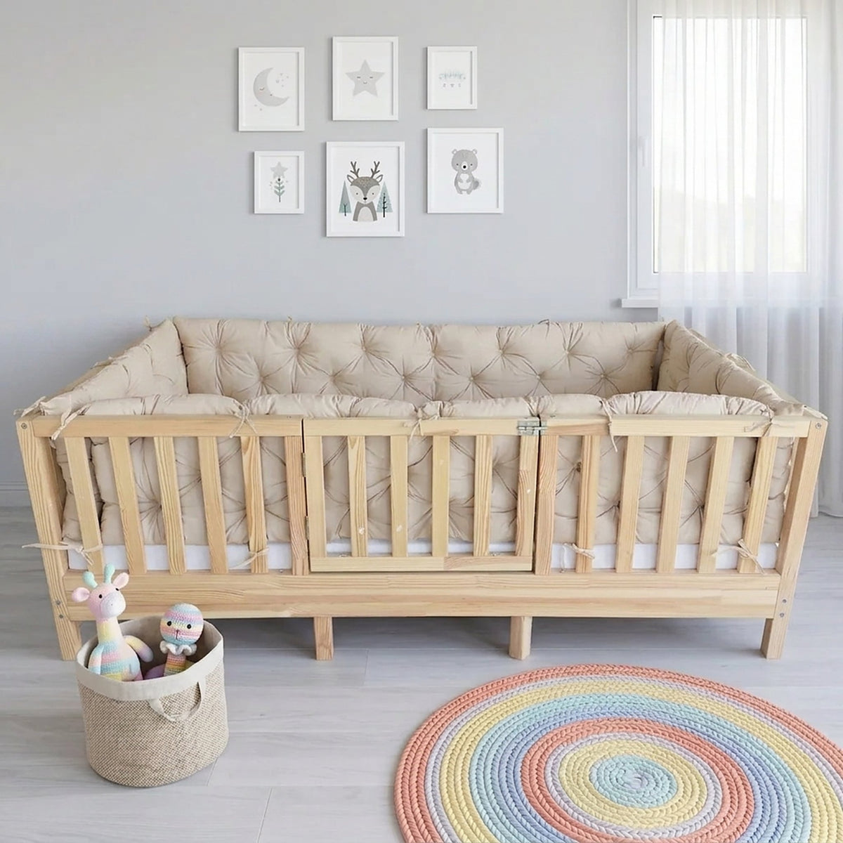 Beşik Kenar Koruma Minderi %100 Pamuk - Montessori Yatak Uyumlu - Vanilya - Buble Soft