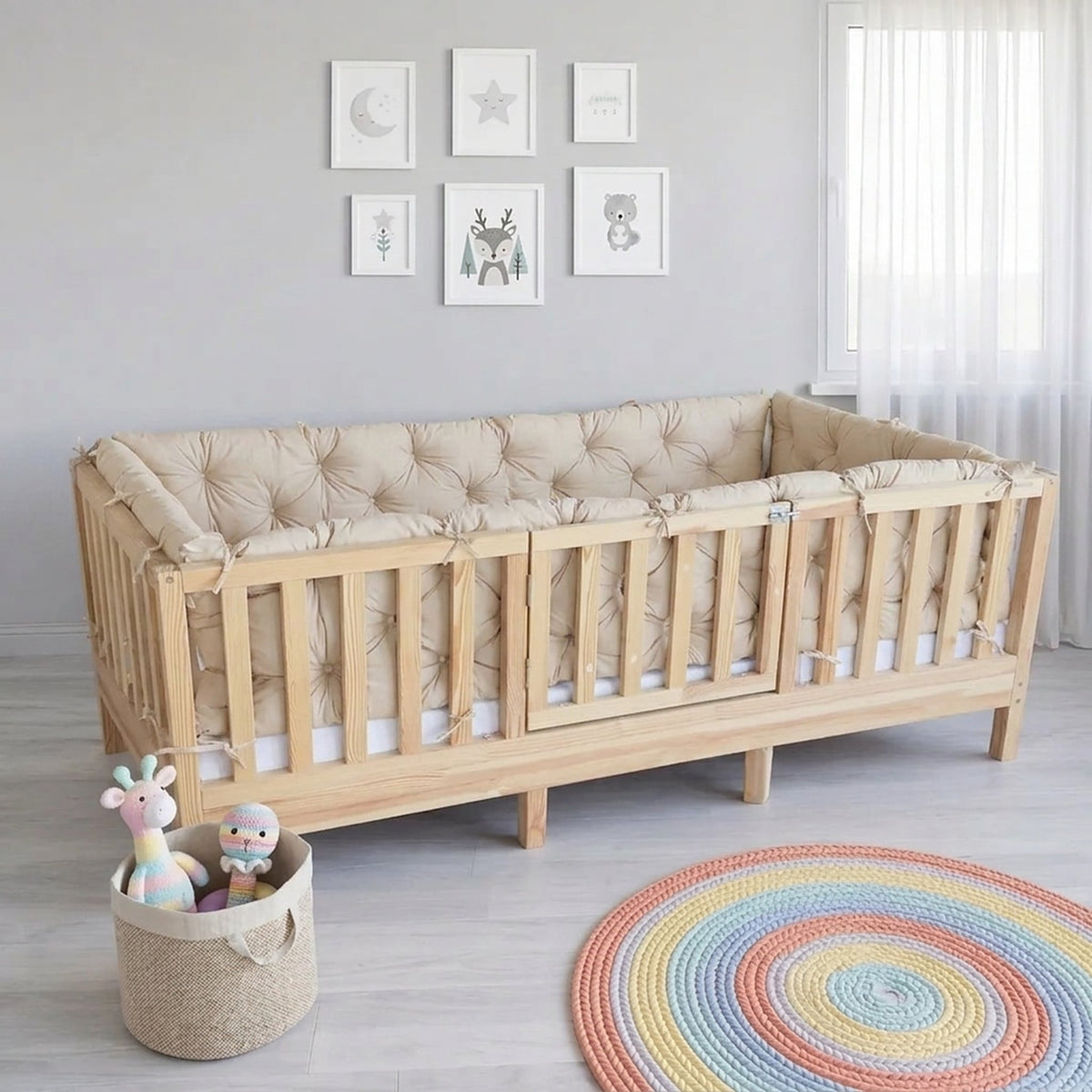 Beşik Kenar Koruma Minderi %100 Pamuk - Montessori Yatak Uyumlu - Vanilya - Buble Soft