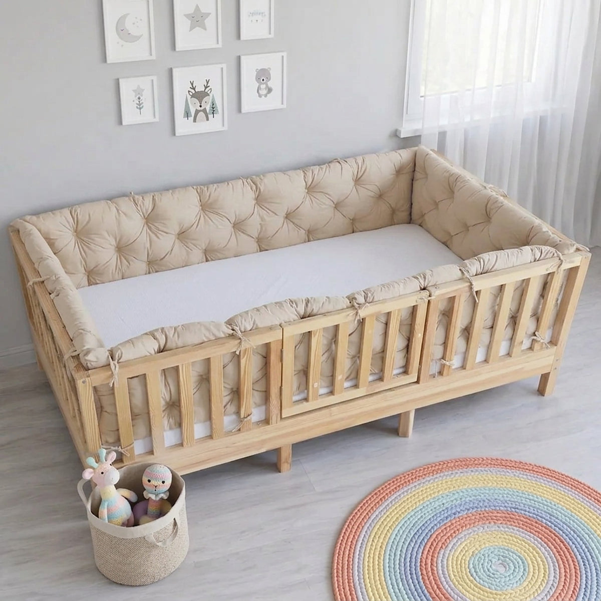 Beşik Kenar Koruma Minderi %100 Pamuk - Montessori Yatak Uyumlu - Vanilya - Buble Soft