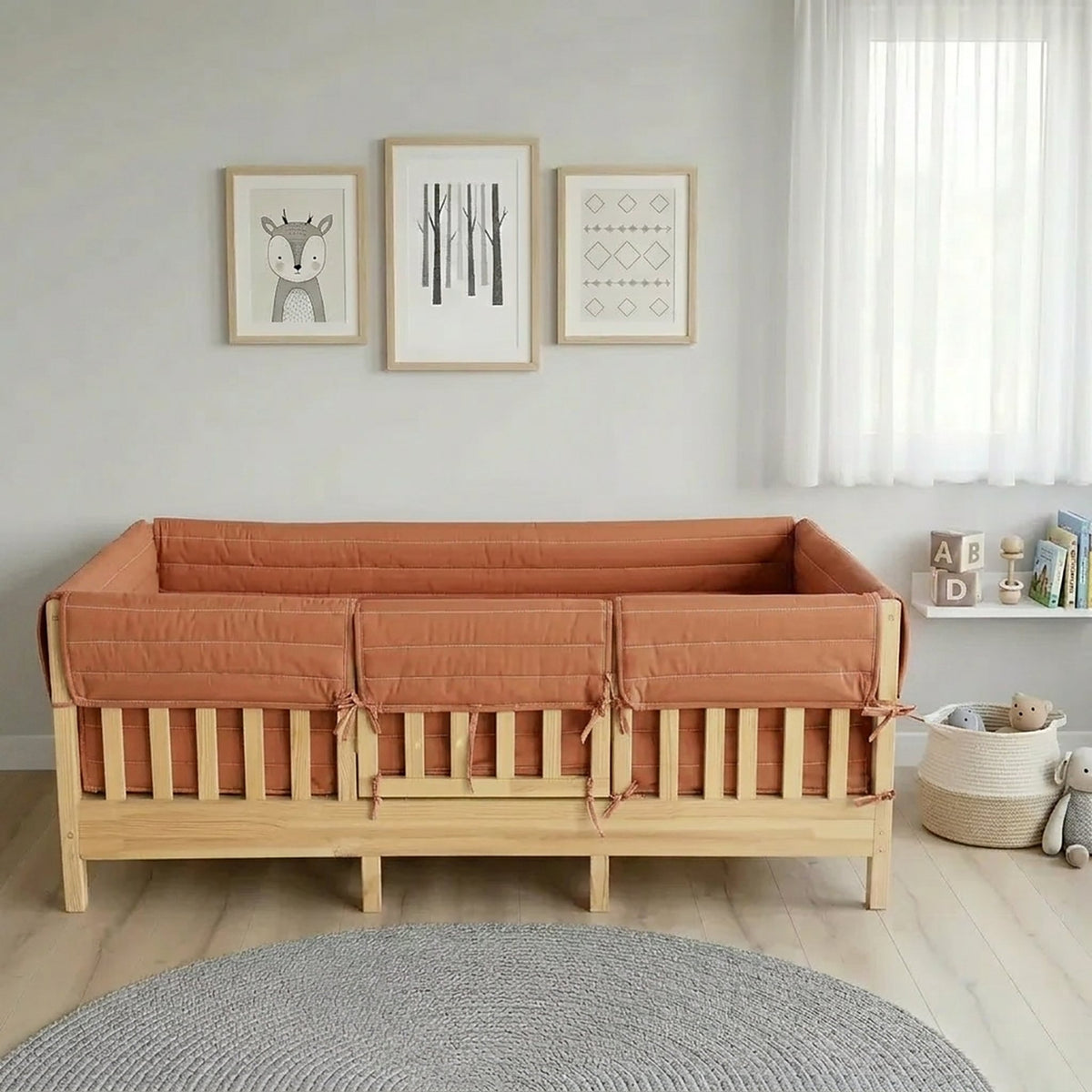 Montessori Beşik Kenar Koruma Takımı %100 Pamuk - Kiremit - Buble Full