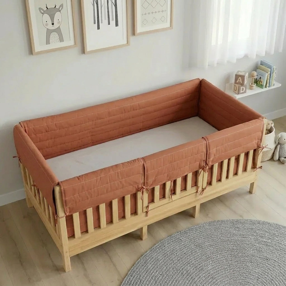 Montessori Beşik Kenar Koruma Takımı %100 Pamuk - Kiremit - Buble Full