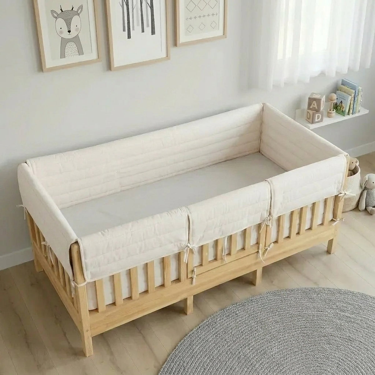 Montessori Beşik Kenar Koruma Takımı %100 Pamuk - Kırık Beyaz - Buble Full