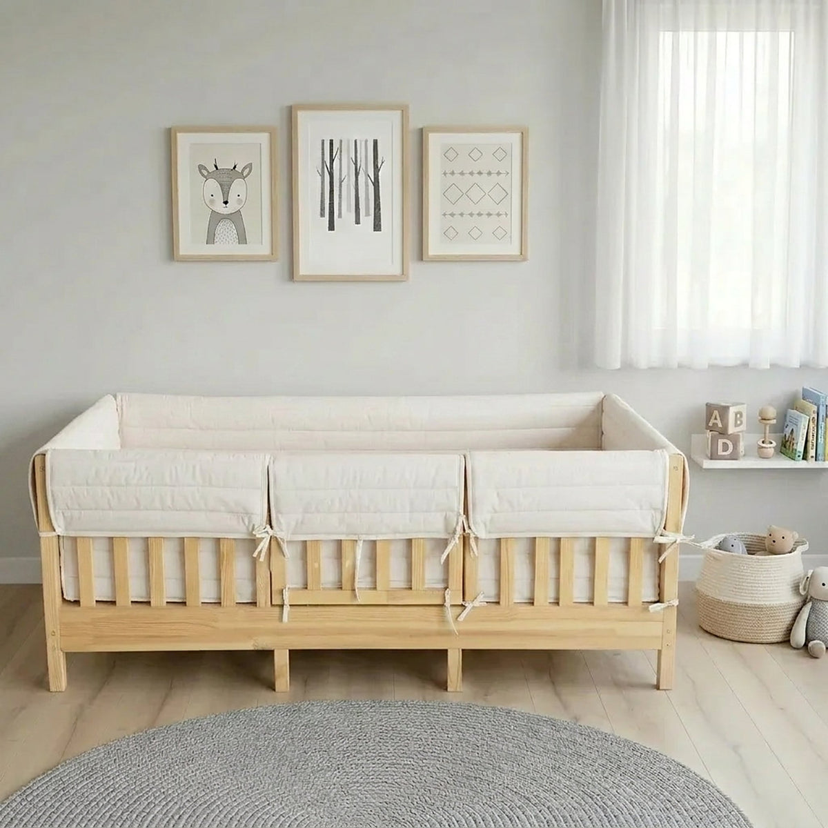 Montessori Beşik Kenar Koruma Takımı %100 Pamuk - Kırık Beyaz - Buble Full