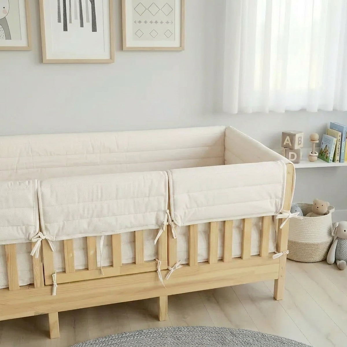 Montessori Beşik Kenar Koruma Takımı %100 Pamuk - Kırık Beyaz - Buble Full