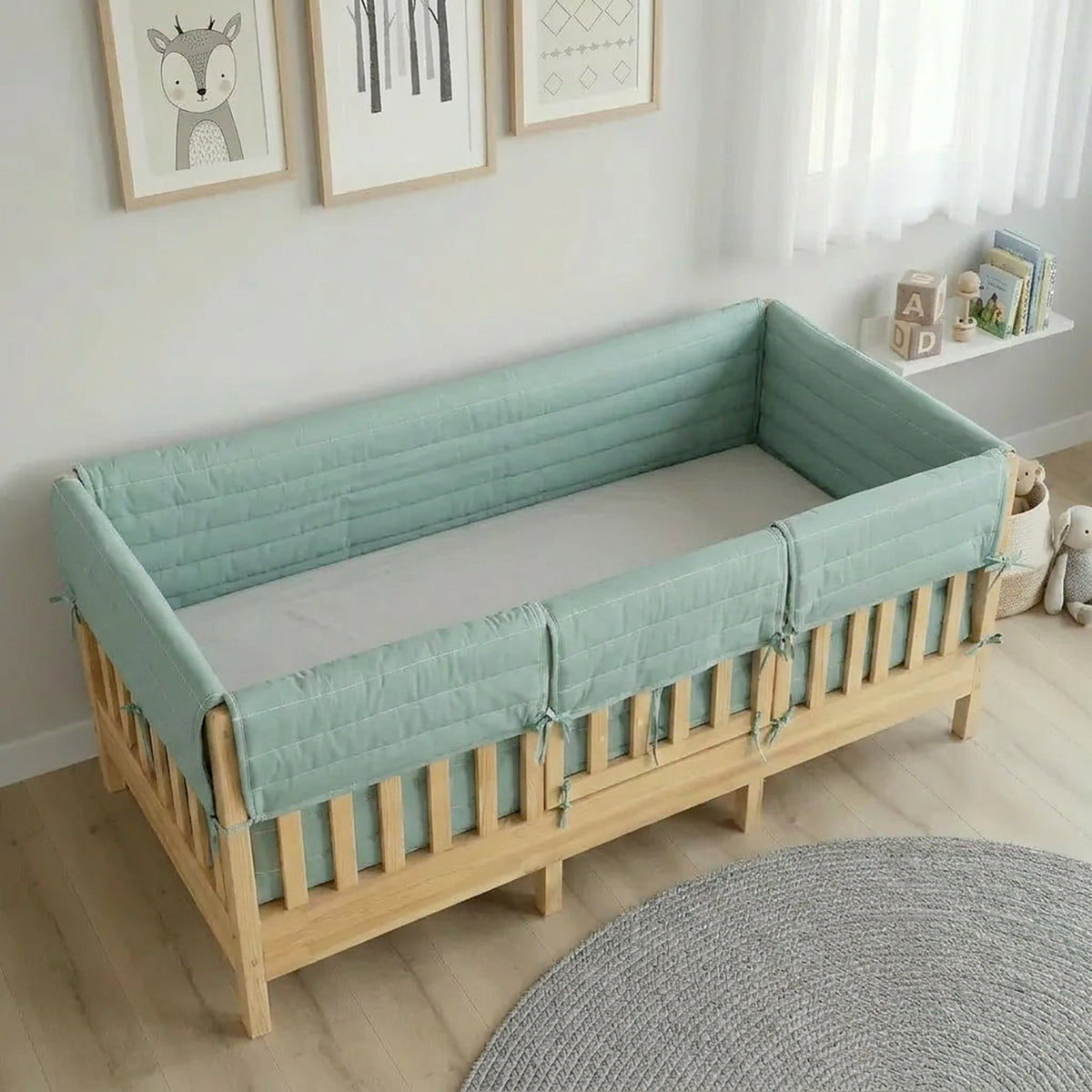 Montessori Beşik Kenar Koruma Takımı %100 Pamuk - Nil Yeşili - Buble Full