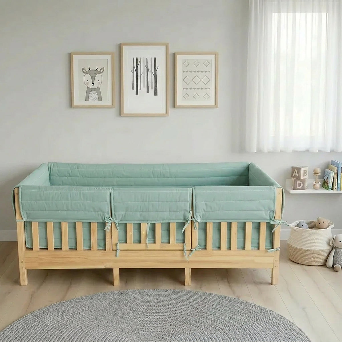 Montessori Beşik Kenar Koruma Takımı %100 Pamuk - Nil Yeşili - Buble Full