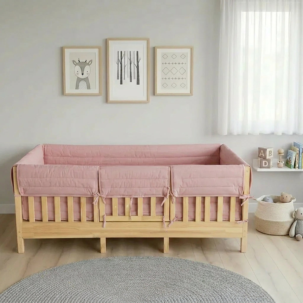 Montessori Beşik Kenar Koruma Takımı %100 Pamuk - Pudra - Buble Full