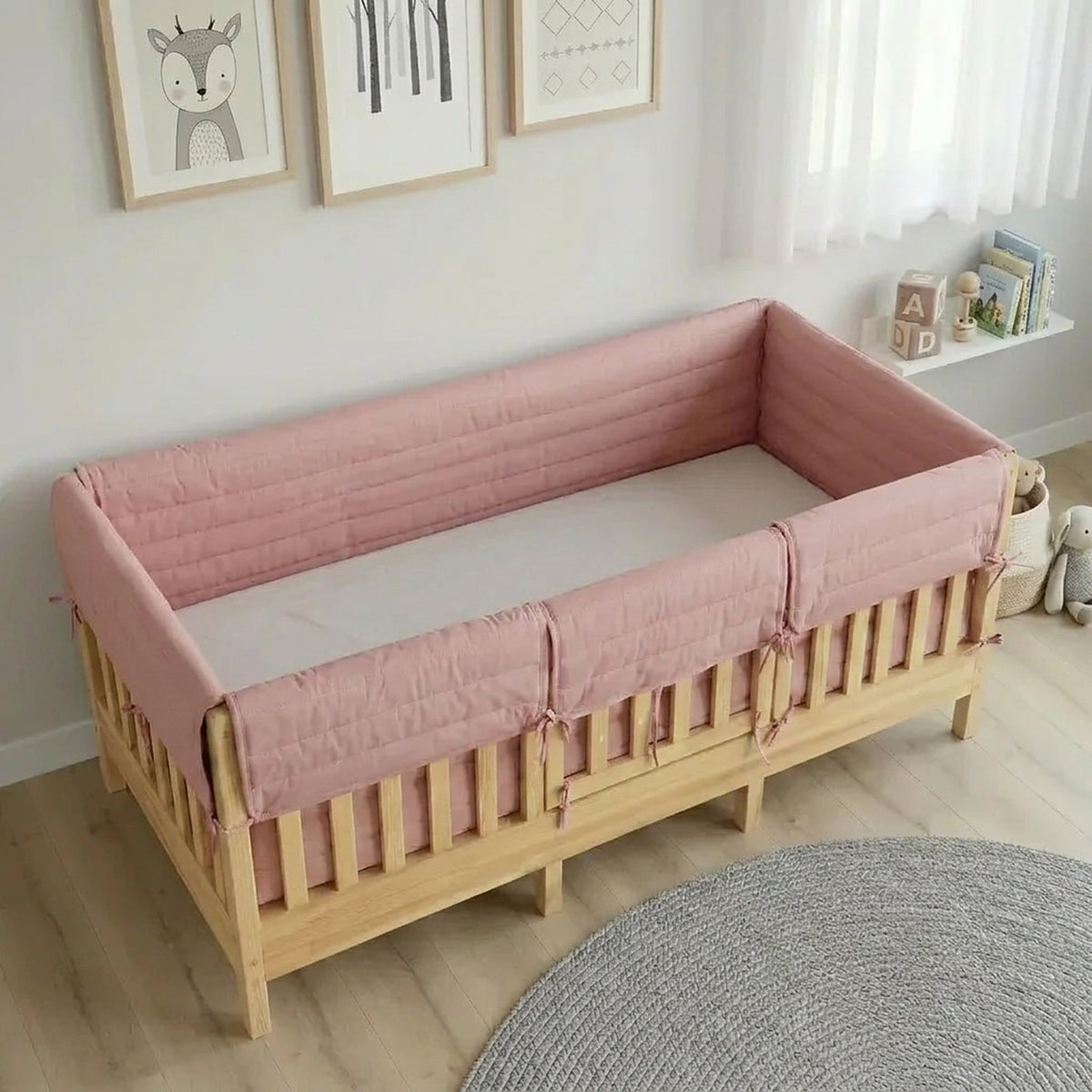 Montessori Beşik Kenar Koruma Takımı %100 Pamuk - Pudra - Buble Full