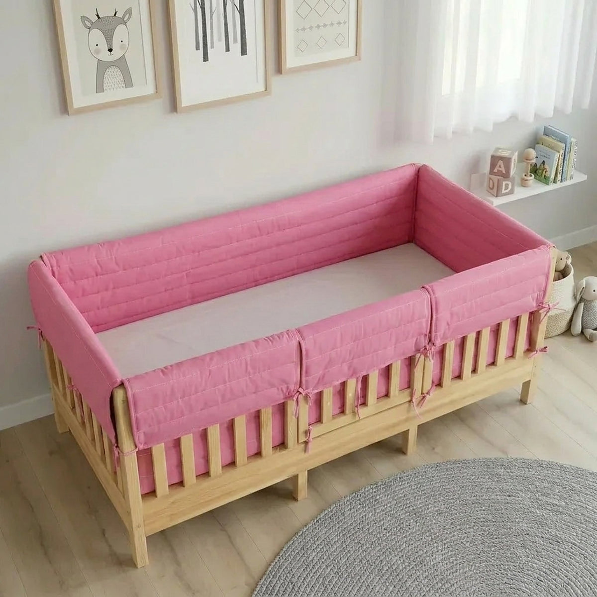 Montessori Beşik Kenar Koruma Takımı %100 Pamuk - Şeker Pembe - Buble Full