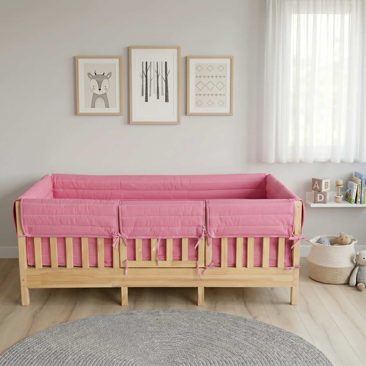 Montessori Beşik Kenar Koruma Takımı %100 Pamuk - Şeker Pembe - Buble Full