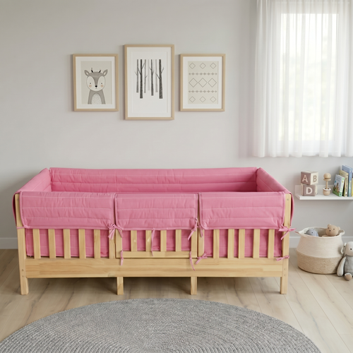Montessori Beşik Kenar Koruma Takımı %100 Pamuk - Darbe Önleyici - Şeker Pembe - Buble Full