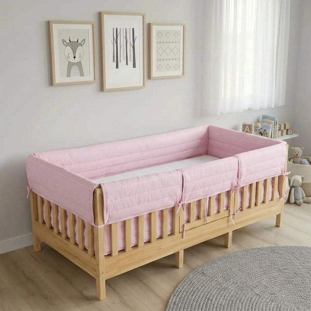 Montessori Beşik Kenar Koruma Takımı %100 Pamuk - Toz Pembe - Buble Full