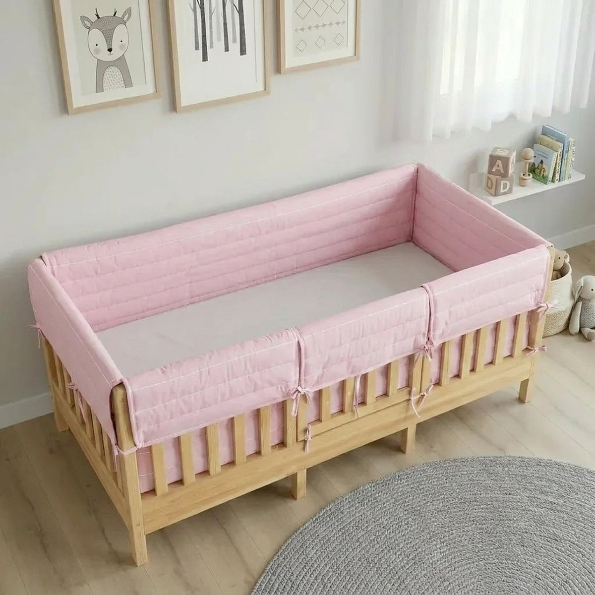 Montessori Beşik Kenar Koruma Takımı %100 Pamuk - Toz Pembe - Buble Full