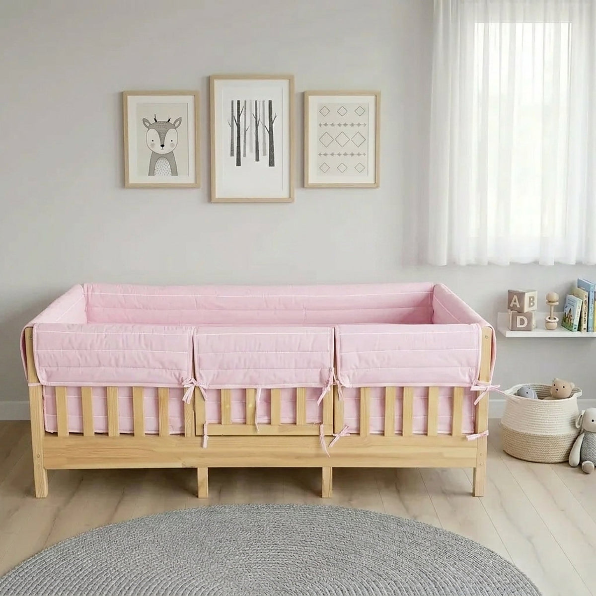 Montessori Beşik Kenar Koruma Takımı %100 Pamuk - Toz Pembe - Buble Full