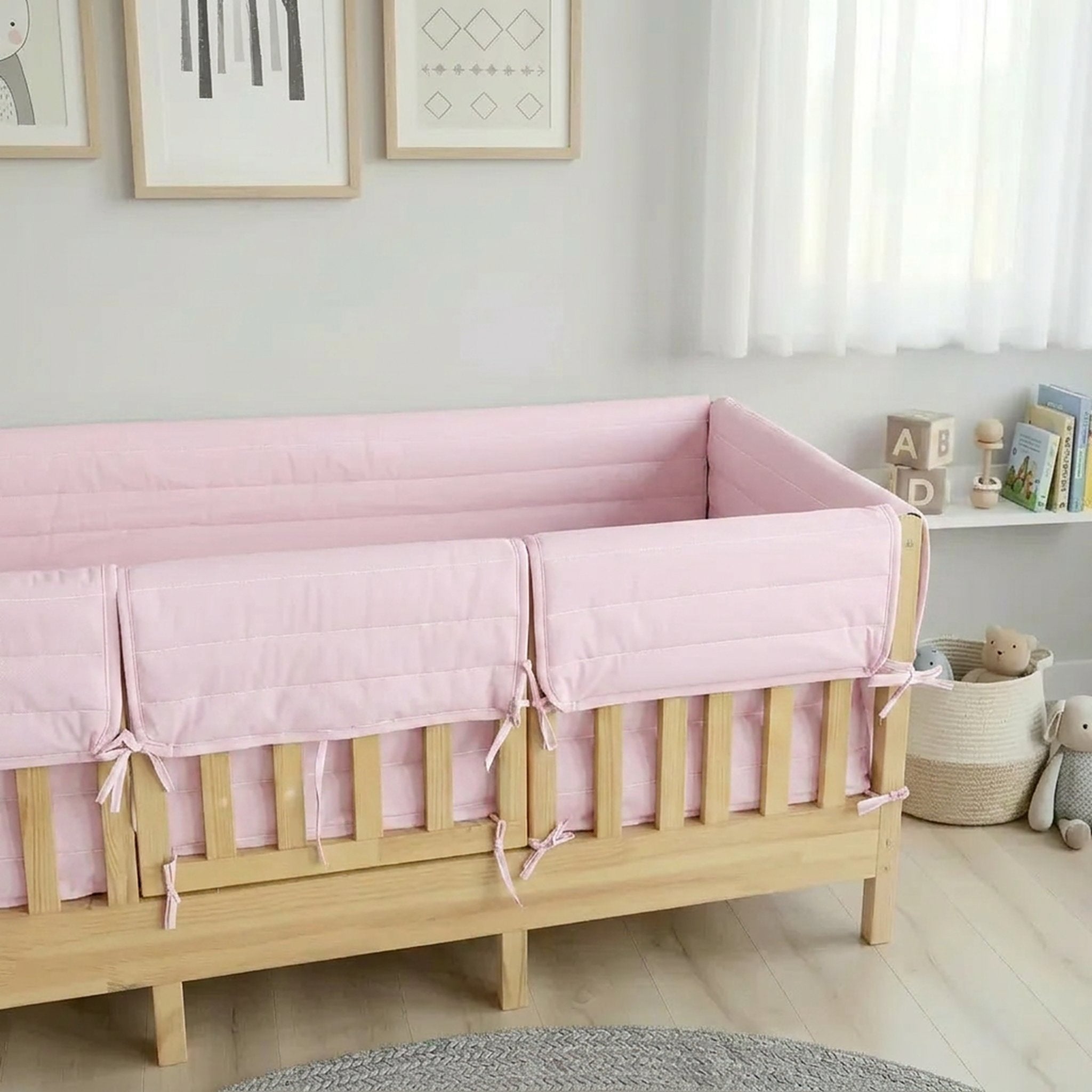 Montessori Beşik Kenar Koruma Takımı %100 Pamuk - Toz Pembe - Buble Full