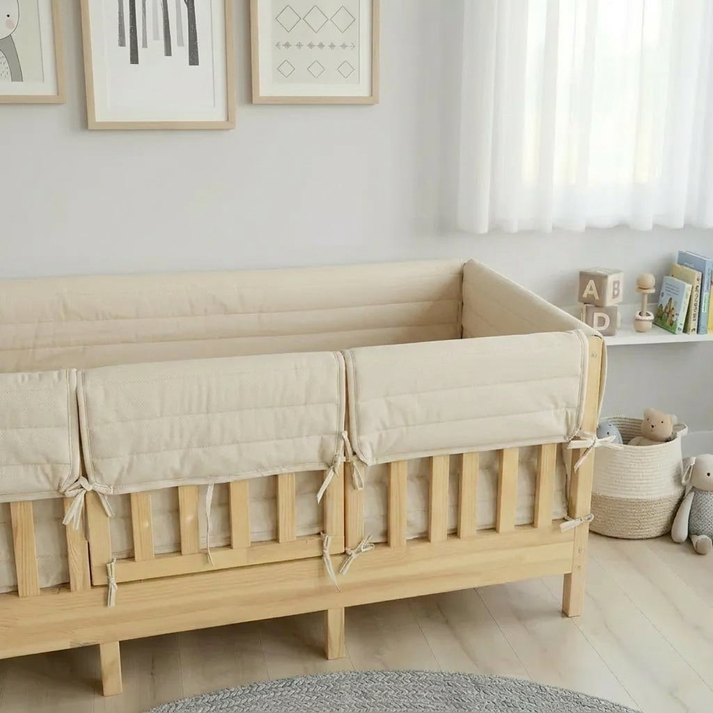 Montessori Beşik Kenar Koruma Takımı %100 Pamuk - Darbe Önleyici - Vanilya - Buble Full