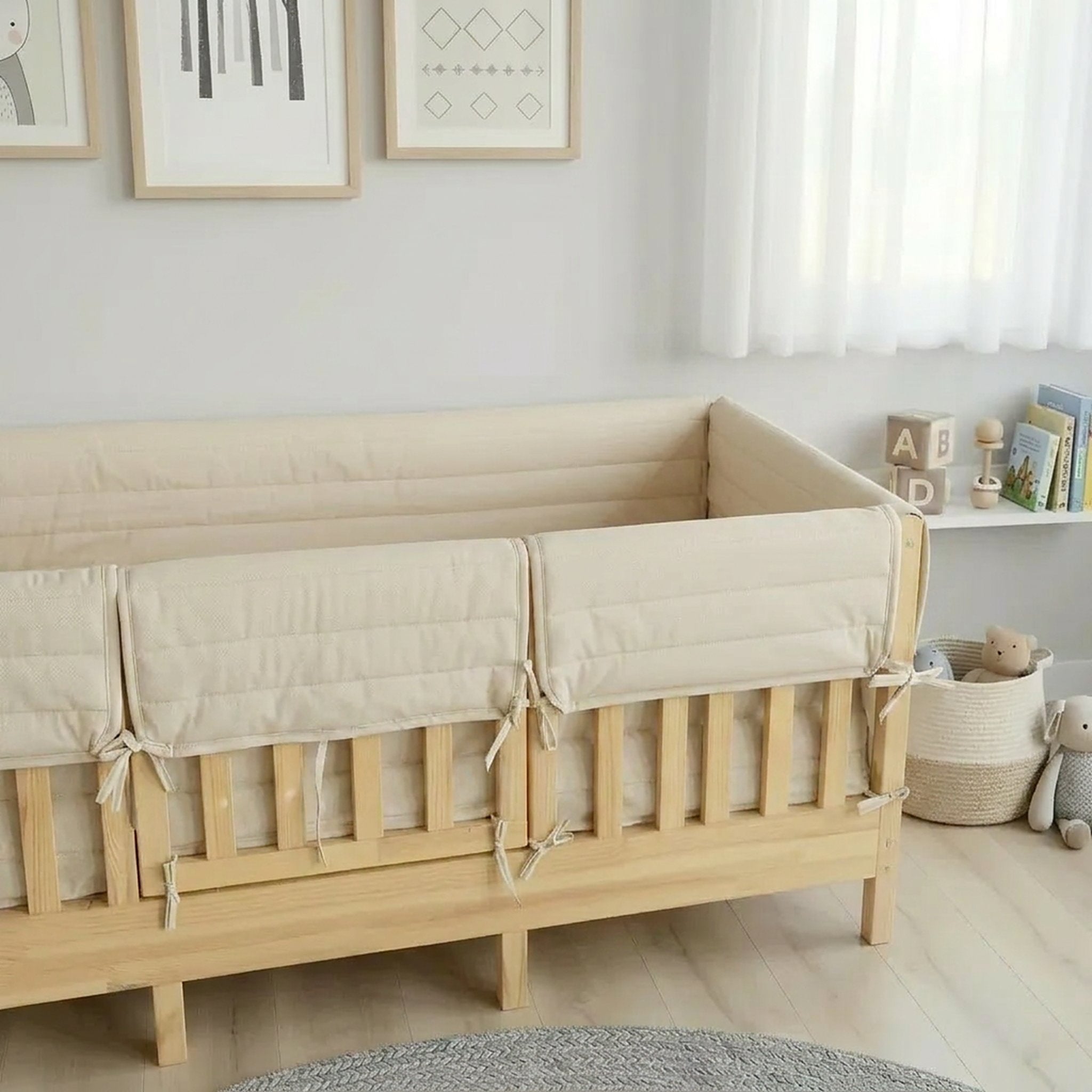 Montessori Beşik Kenar Koruma Takımı %100 Pamuk - Darbe Önleyici - Vanilya - Buble Full