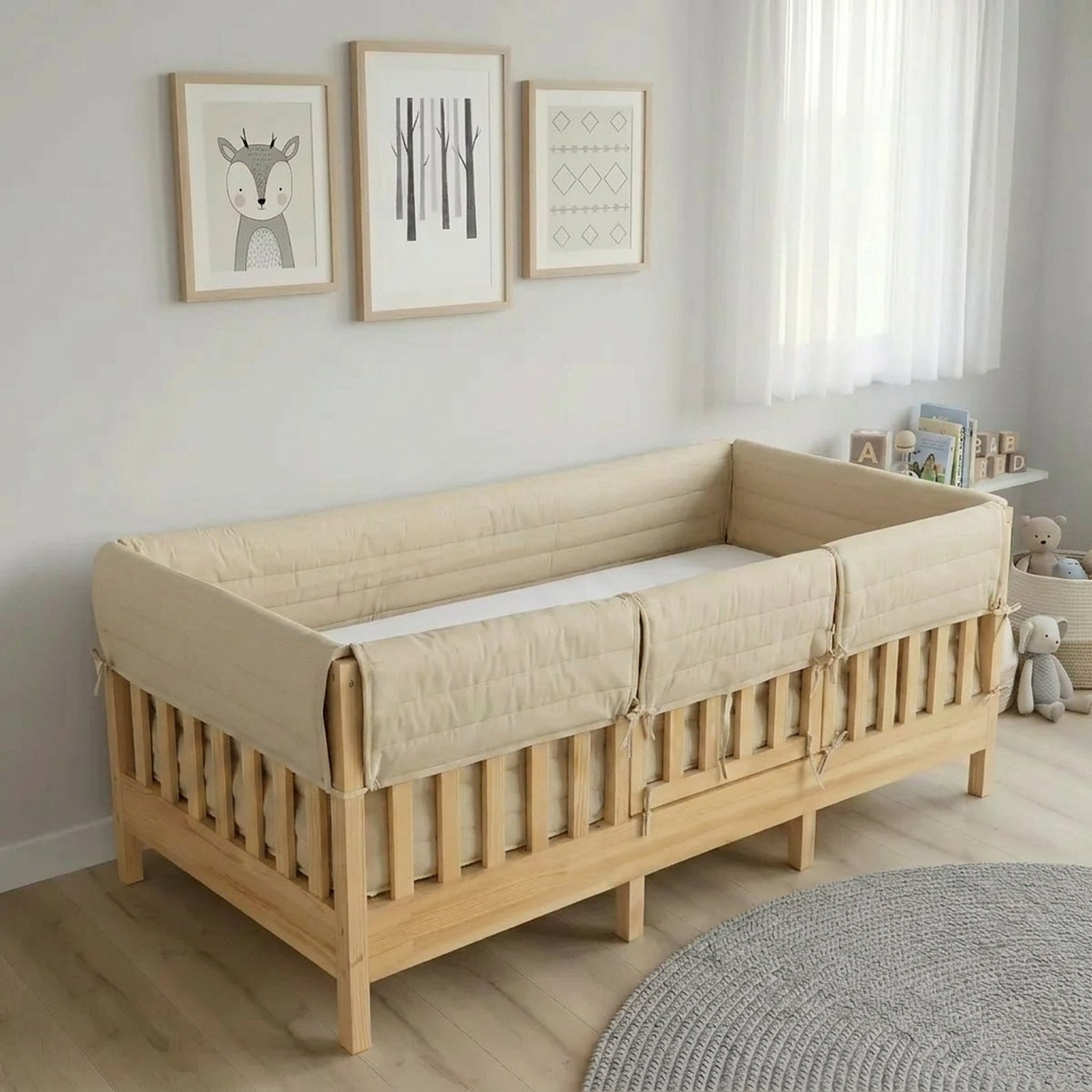 Montessori Beşik Kenar Koruma Takımı %100 Pamuk - Darbe Önleyici - Vanilya - Buble Full