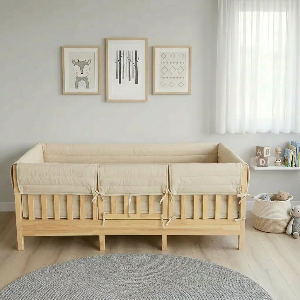 Montessori Beşik Kenar Koruma Takımı %100 Pamuk - Darbe Önleyici - Vanilya - Buble Full