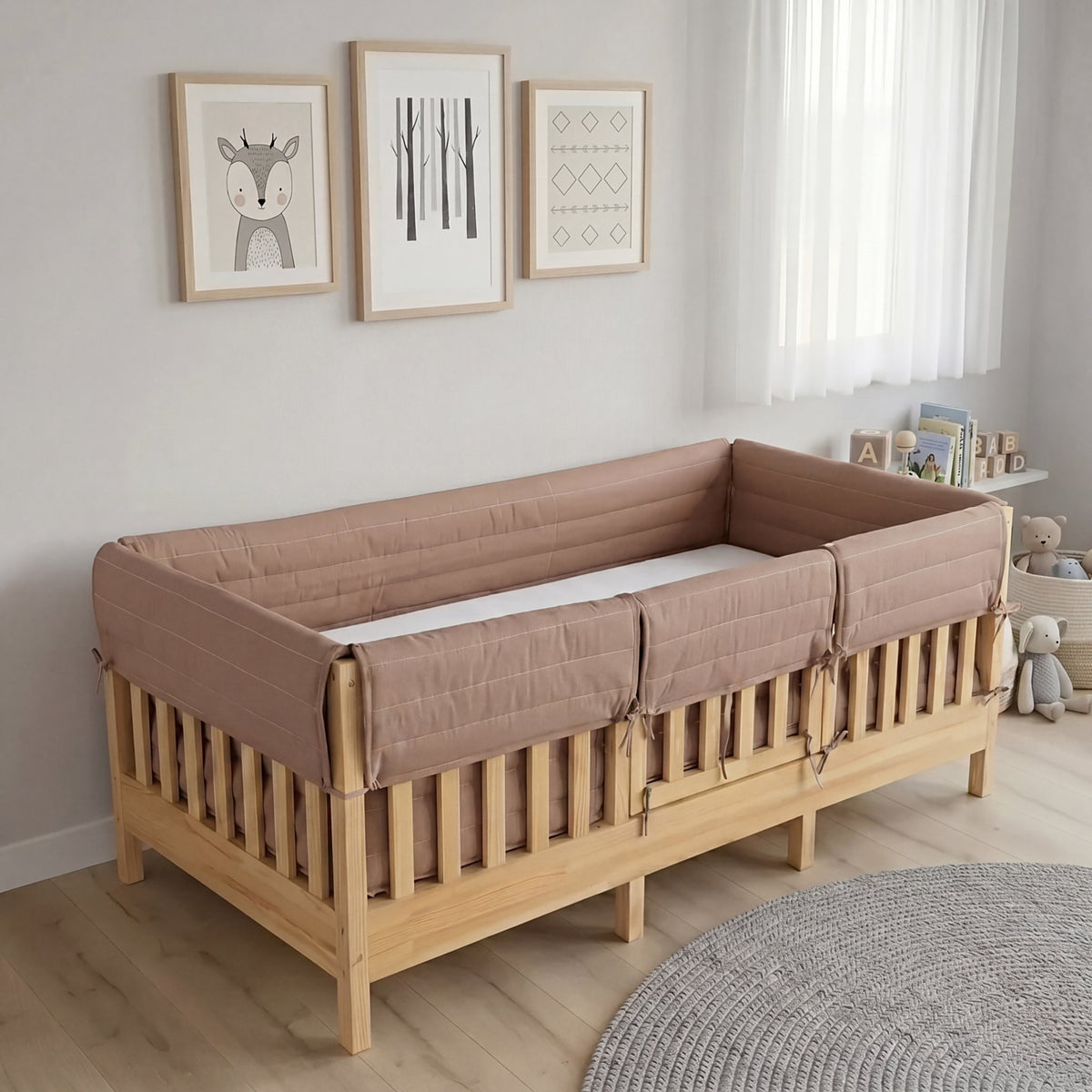 Montessori Beşik Kenar Koruma Takımı %100 Pamuk - Açık Kahverengi - Buble Full