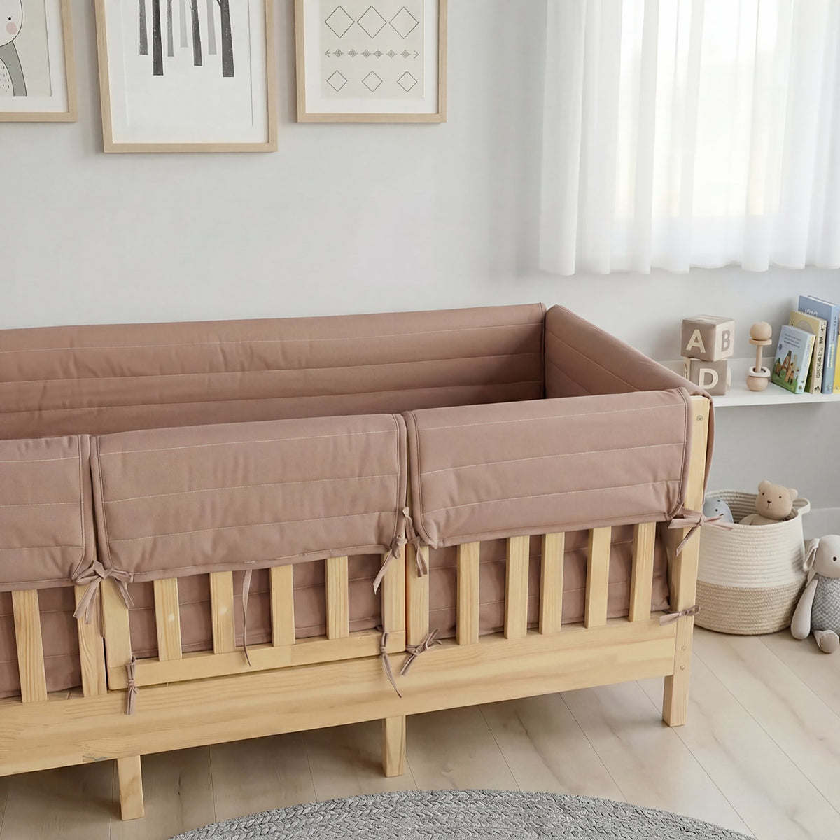Montessori Beşik Kenar Koruma Takımı %100 Pamuk - Açık Kahverengi - Buble Full