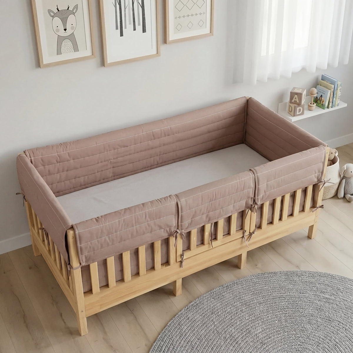 Montessori Beşik Kenar Koruma Takımı %100 Pamuk - Açık Kahverengi - Buble Full