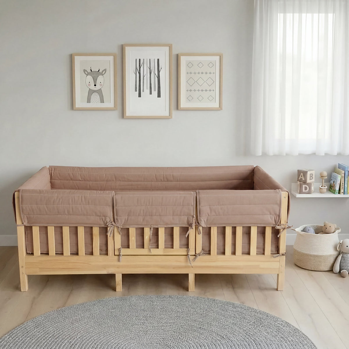 Montessori Beşik Kenar Koruma Takımı %100 Pamuk - Açık Kahverengi - Buble Full