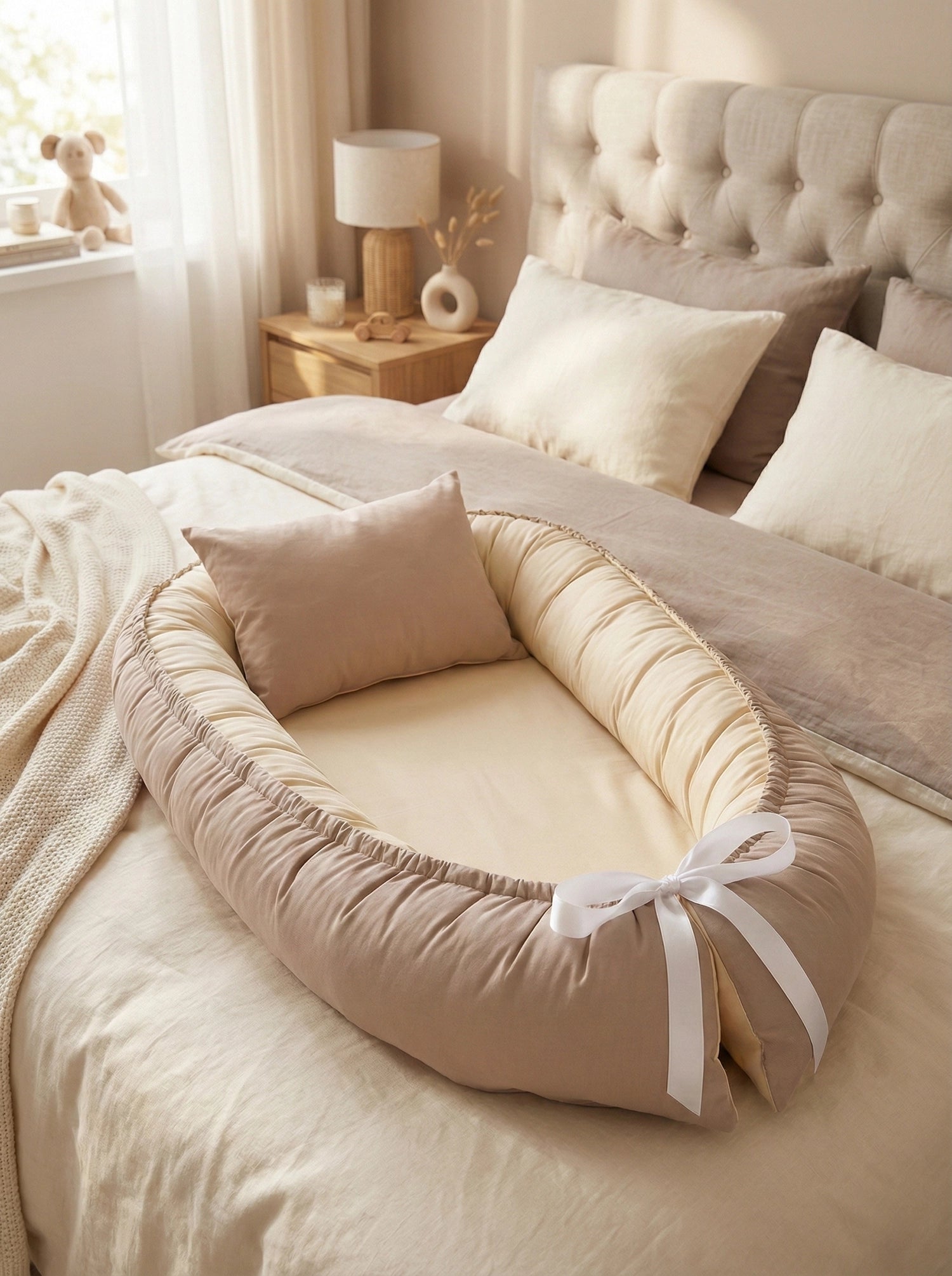 BabyNest Anne Yanı Bebek Yatağı - Kahve & Vanilya Pamuk Kumaş