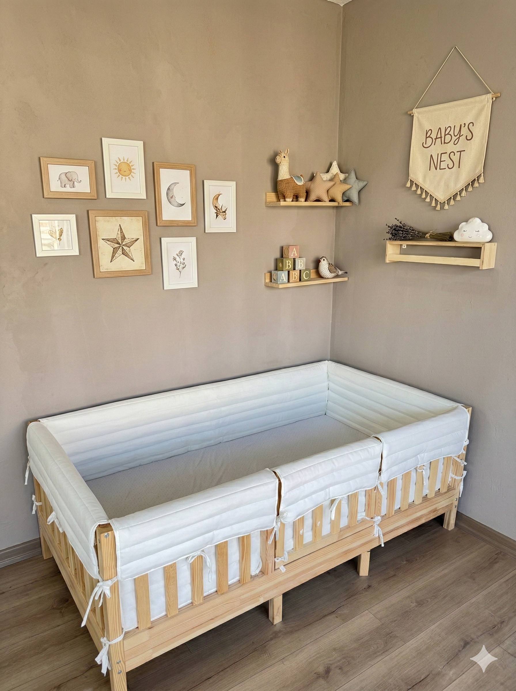 Montessori ve Beşik İçin Full İç-Dış Kenar Koruma Takımı - Darbe Önleyici Pofuduk Tasarım Ekru Renk