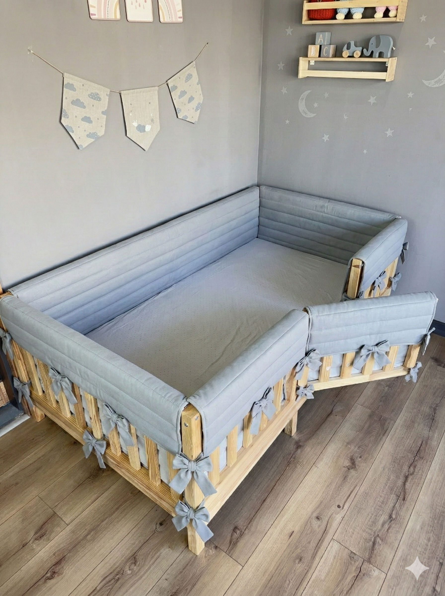 Montessori ve Beşik İçin Full İç-Dış Kenar Koruma Takımı - Darbe Önleyici Pofuduk Tasarım Gri Renk