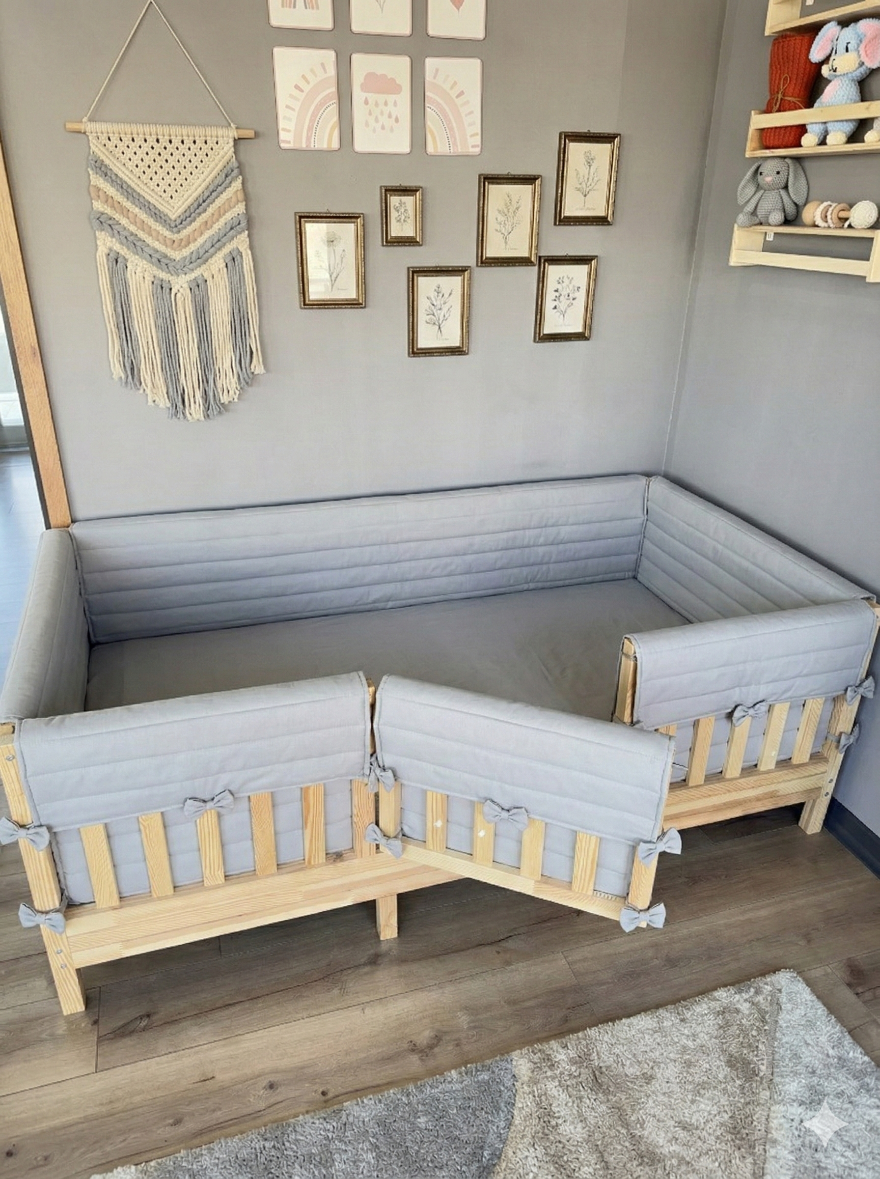 Montessori ve Beşik İçin Full İç-Dış Kenar Koruma Takımı - Darbe Önleyici Pofuduk Tasarım Gri Renk