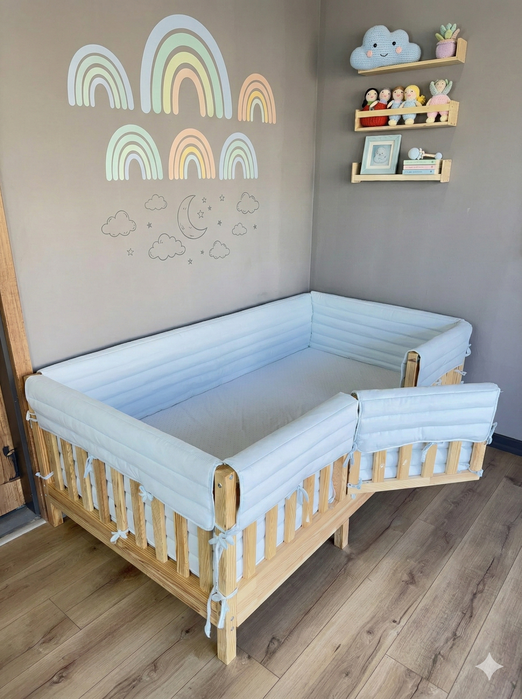 Montessori ve Beşik İçin Full İç-Dış Kenar Koruma Takımı - Darbe Önleyici Pofuduk Tasarım Bebe Mavi Renk