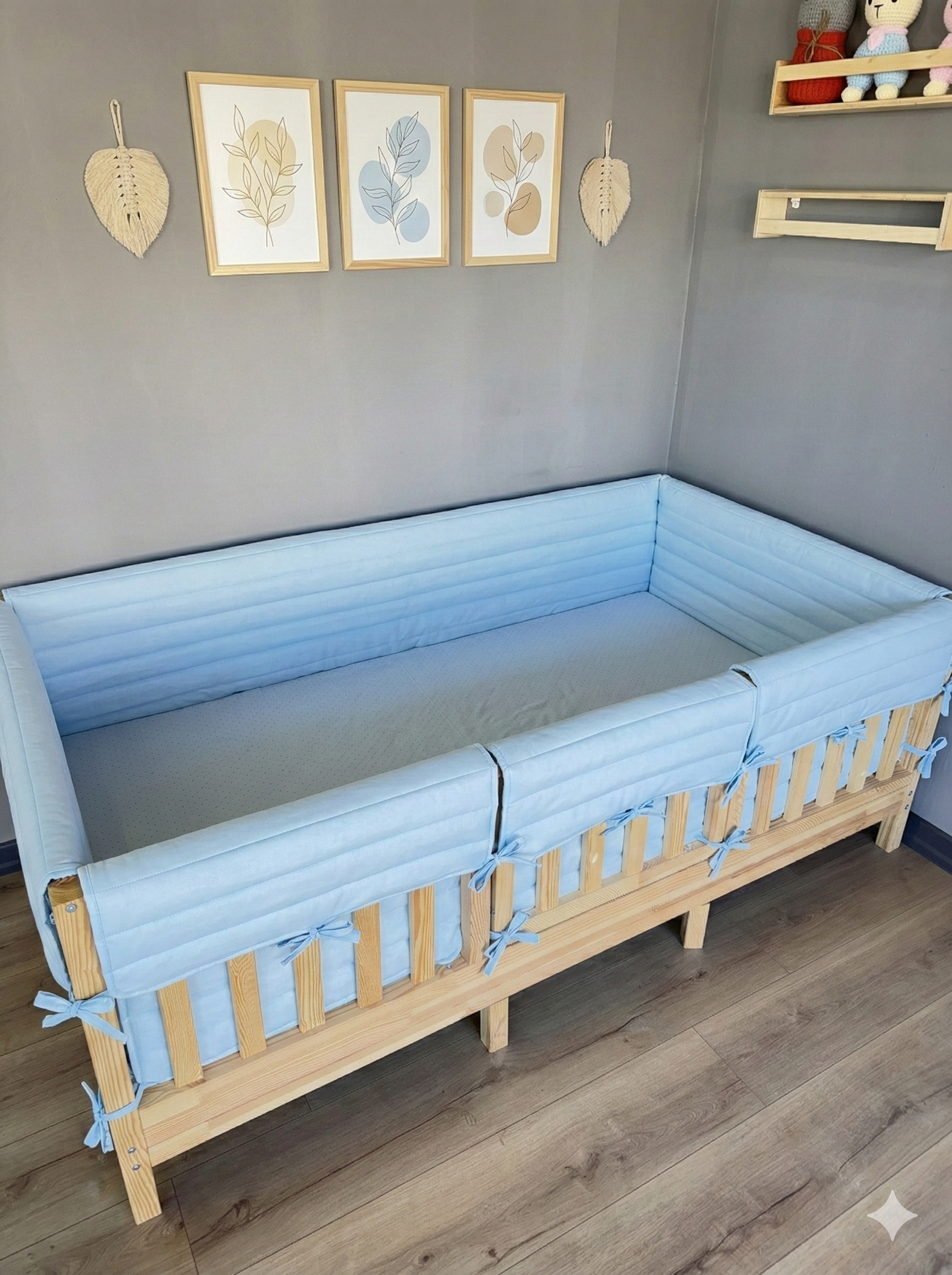 Montessori ve Beşik İçin Full İç-Dış Kenar Koruma Takımı - Darbe Önleyici Pofuduk Tasarım Bebe Mavi Renk