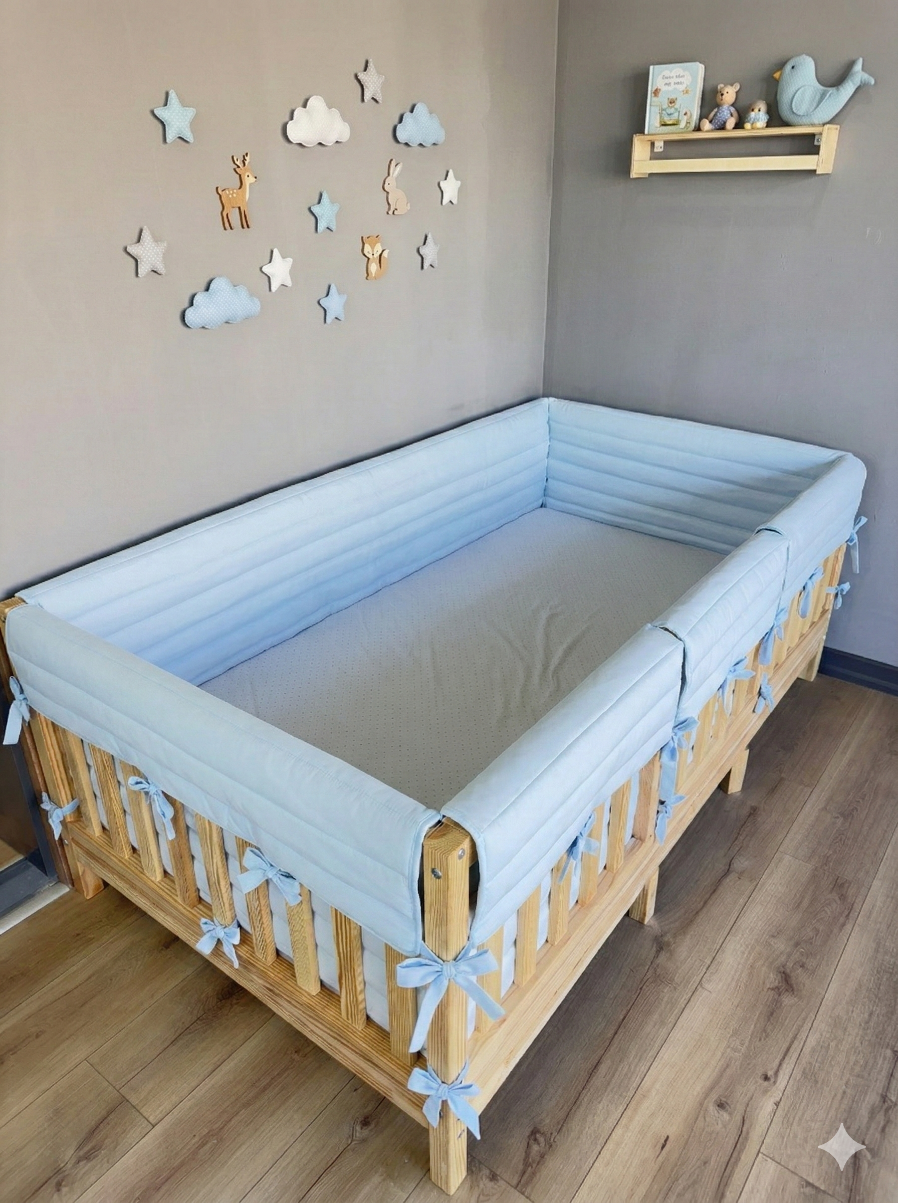 Montessori ve Beşik İçin Full İç-Dış Kenar Koruma Takımı - Darbe Önleyici Pofuduk Tasarım Bebe Mavi Renk