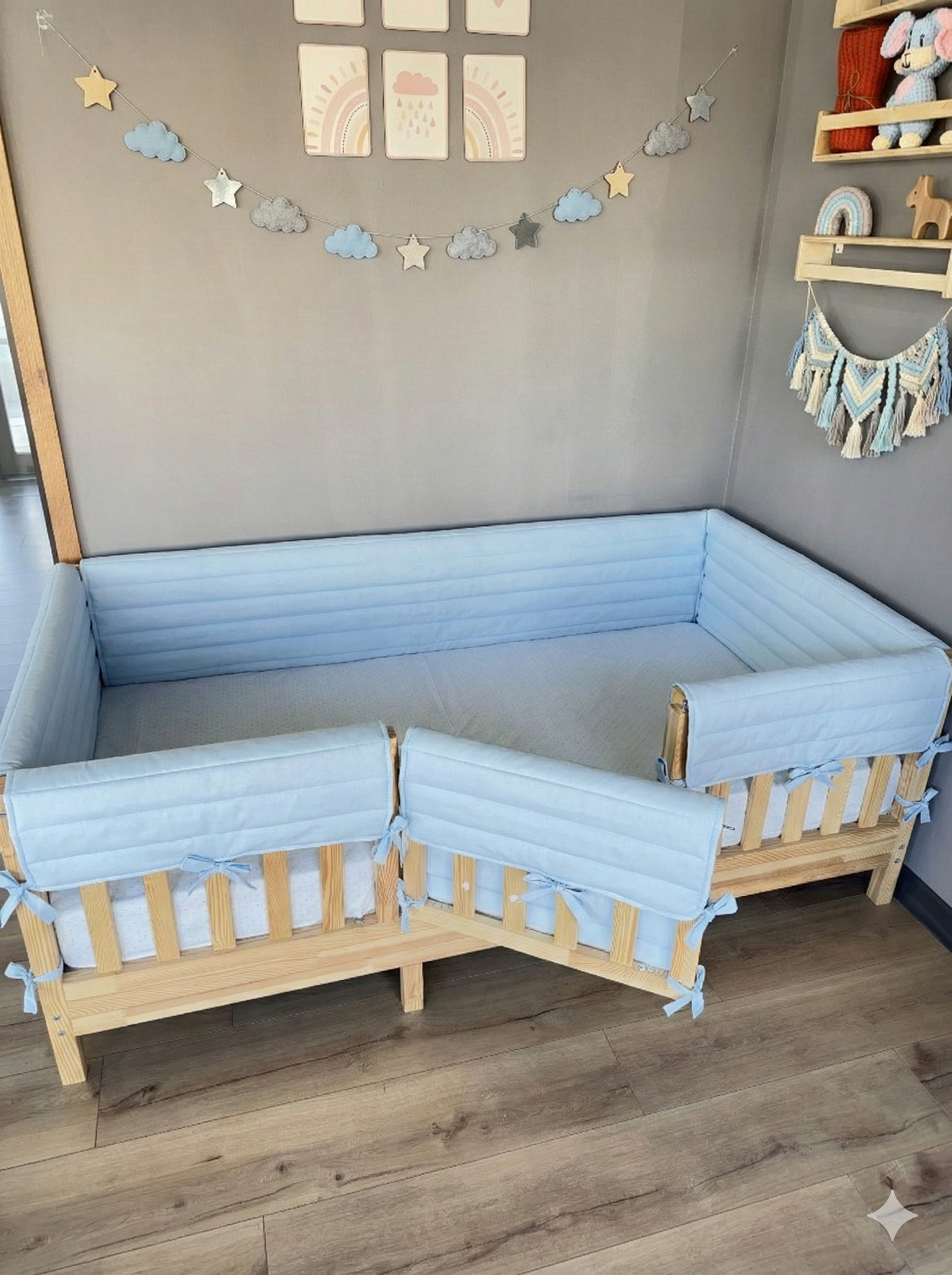 Montessori ve Beşik İçin Full İç-Dış Kenar Koruma Takımı - Darbe Önleyici Pofuduk Tasarım Bebe Mavi Renk