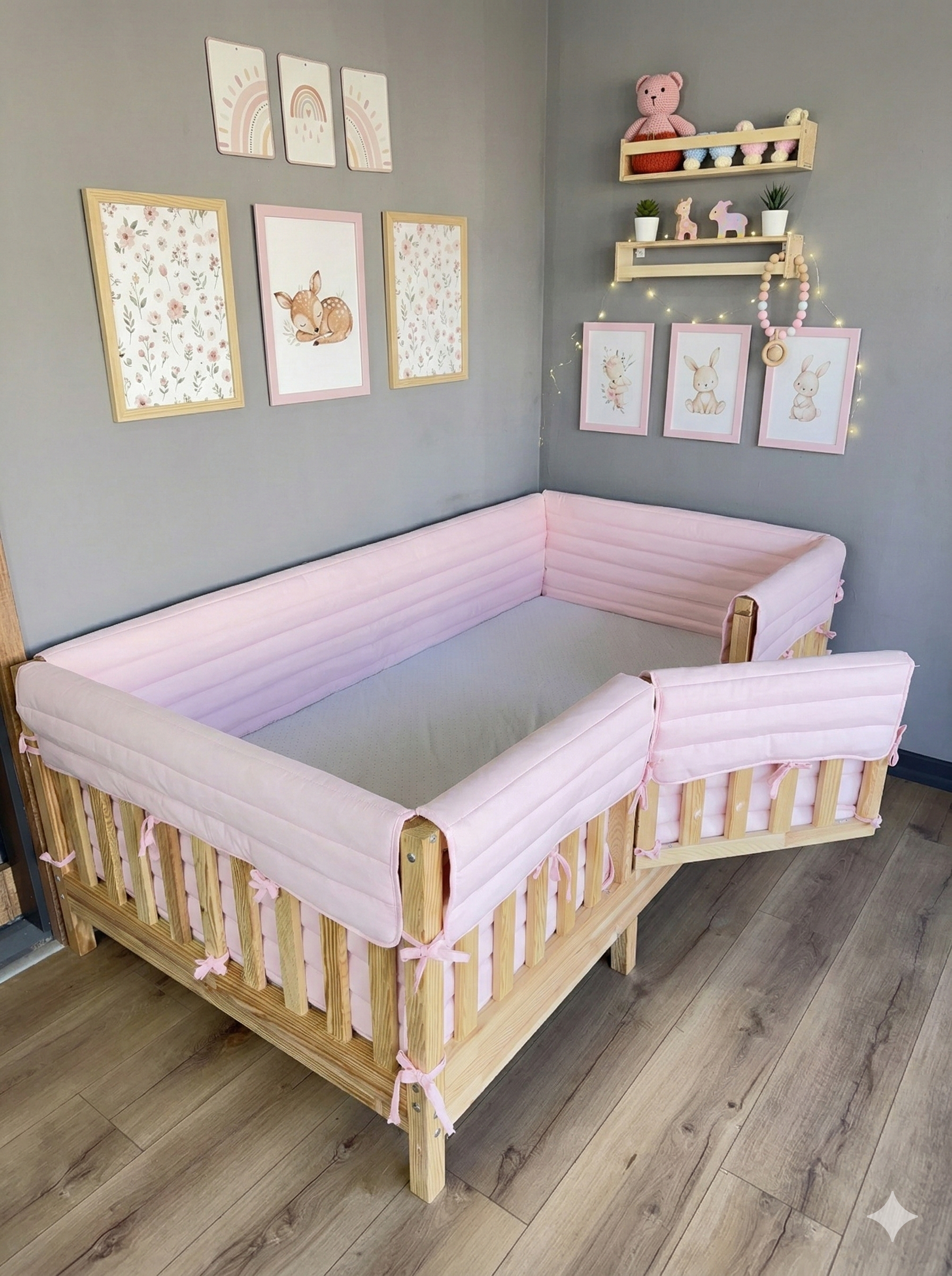 Montessori ve Beşik İçin Full İç-Dış Kenar Koruma Takımı - Darbe Önleyici Pofuduk Tasarım Toz Pembe Renk