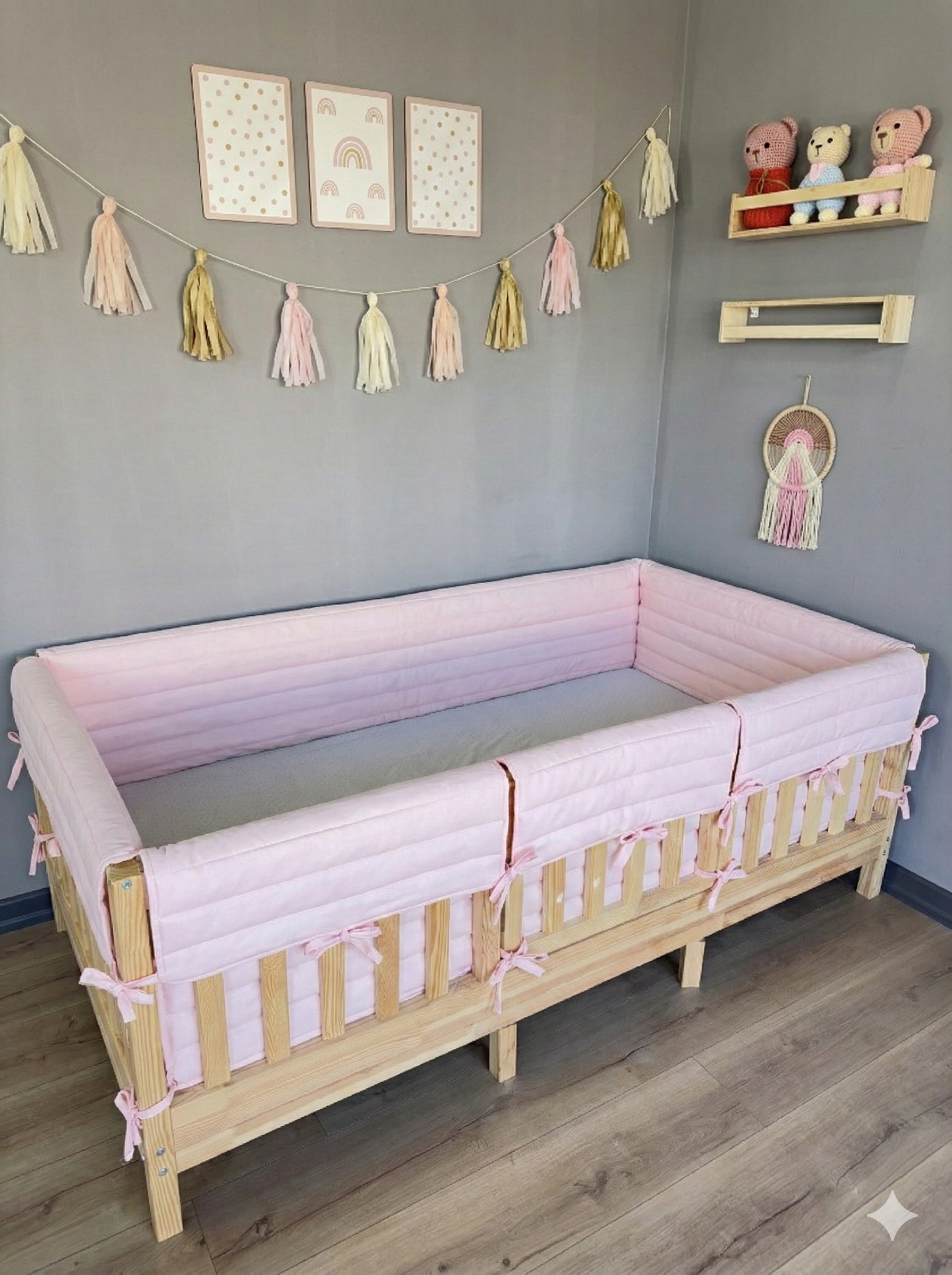 Montessori ve Beşik İçin Full İç-Dış Kenar Koruma Takımı - Darbe Önleyici Pofuduk Tasarım Toz Pembe Renk