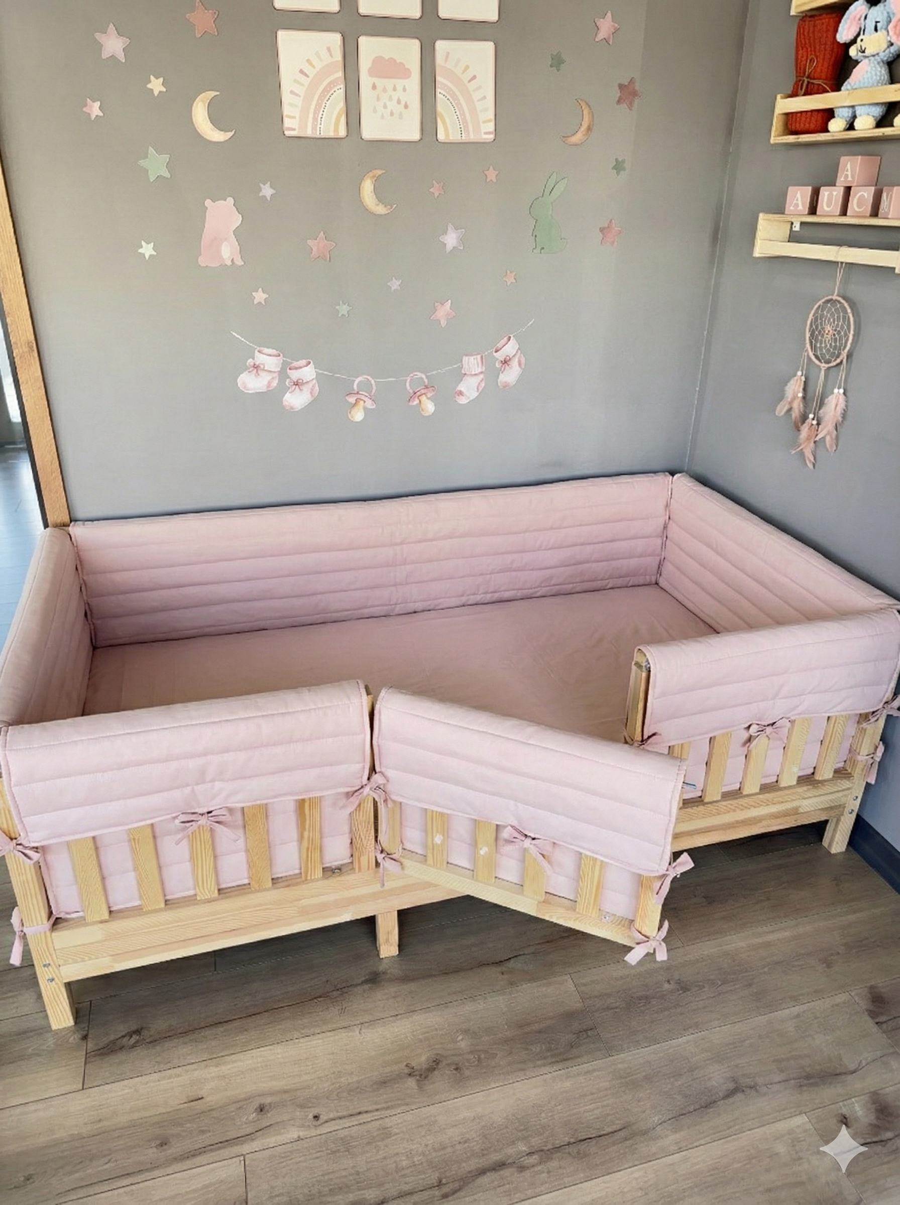 Montessori ve Beşik İçin Full İç-Dış Kenar Koruma Takımı - Darbe Önleyici Pofuduk Tasarım Toz Pembe Renk