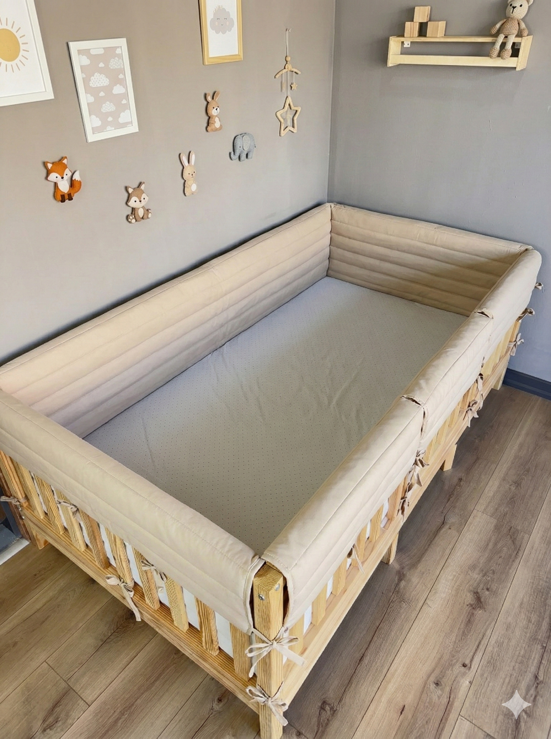 Montessori ve Beşik İçin Full İç-Dış Kenar Koruma Takımı - Darbe Önleyici Pofuduk Tasarım Vanilya Renk