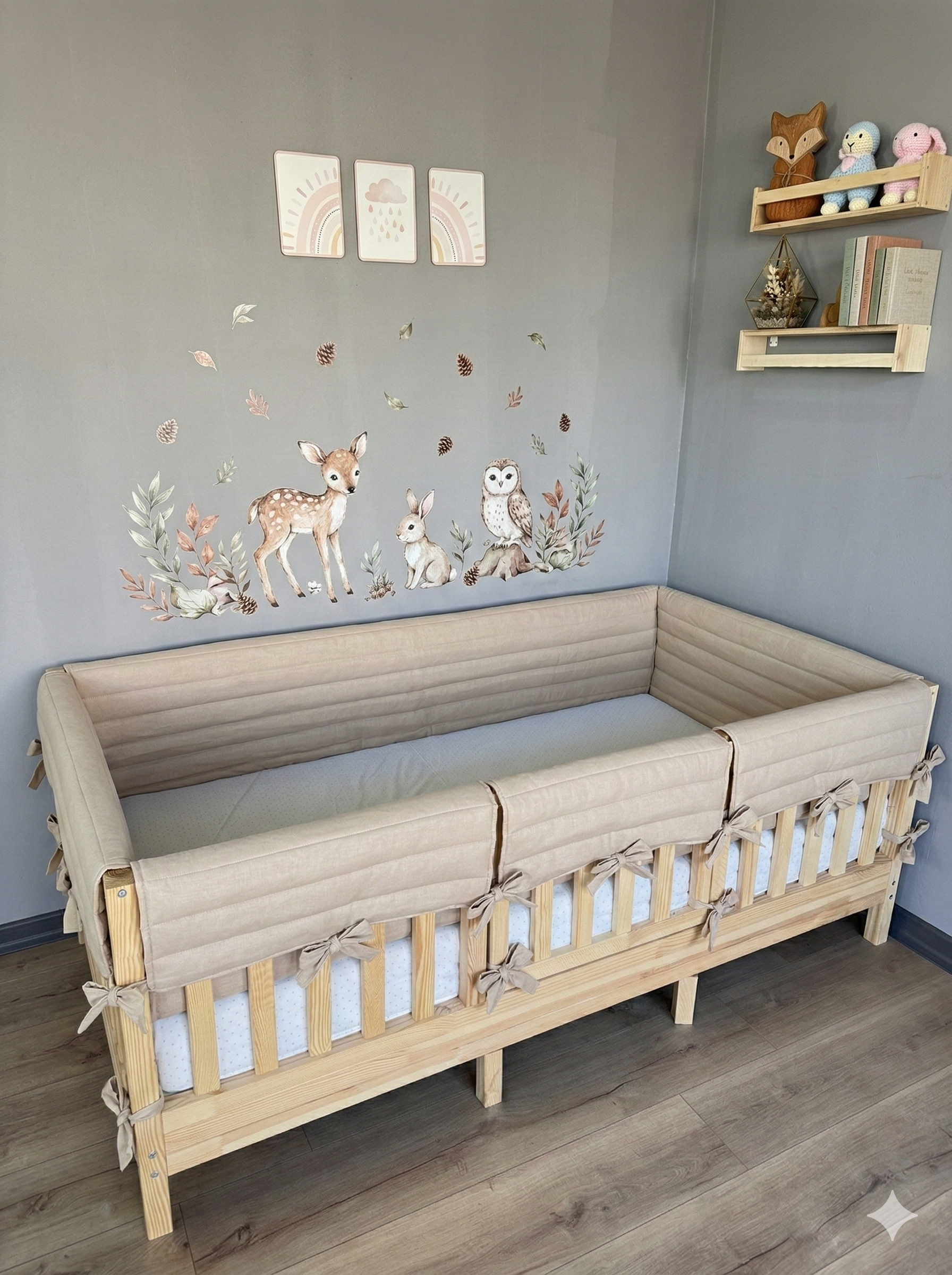 Montessori ve Beşik İçin Full İç-Dış Kenar Koruma Takımı - Darbe Önleyici Pofuduk Tasarım Vanilya Renk