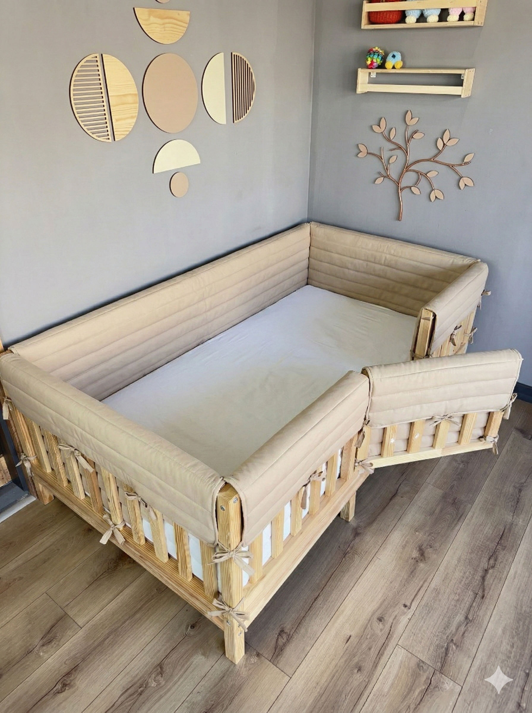 Montessori ve Beşik İçin Full İç-Dış Kenar Koruma Takımı - Darbe Önleyici Pofuduk Tasarım Vanilya Renk