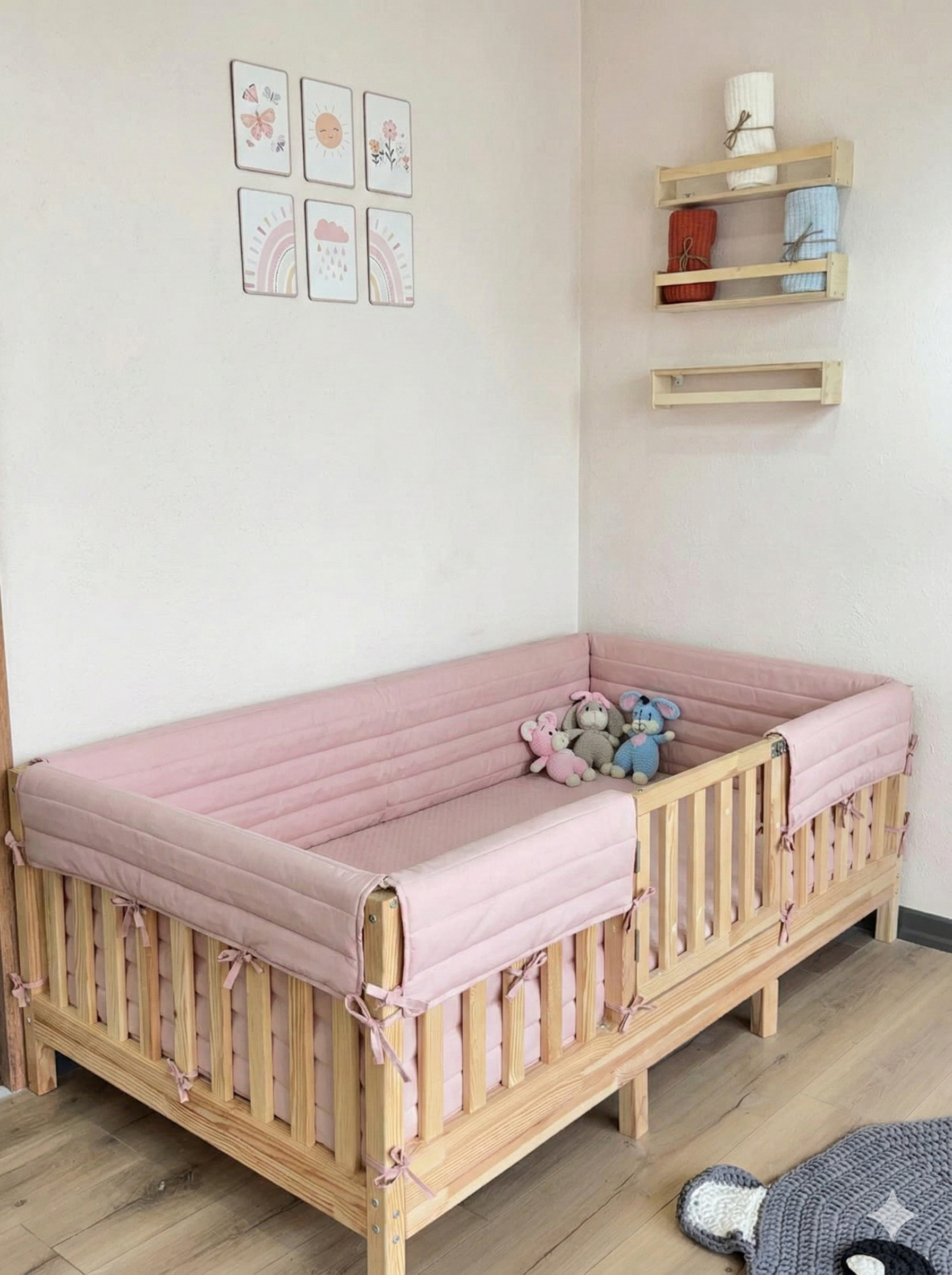 Montessori ve Beşik İçin Full İç-Dış Kenar Koruma Takımı - Darbe Önleyici Pofuduk Tasarım Açık Pudra Renk