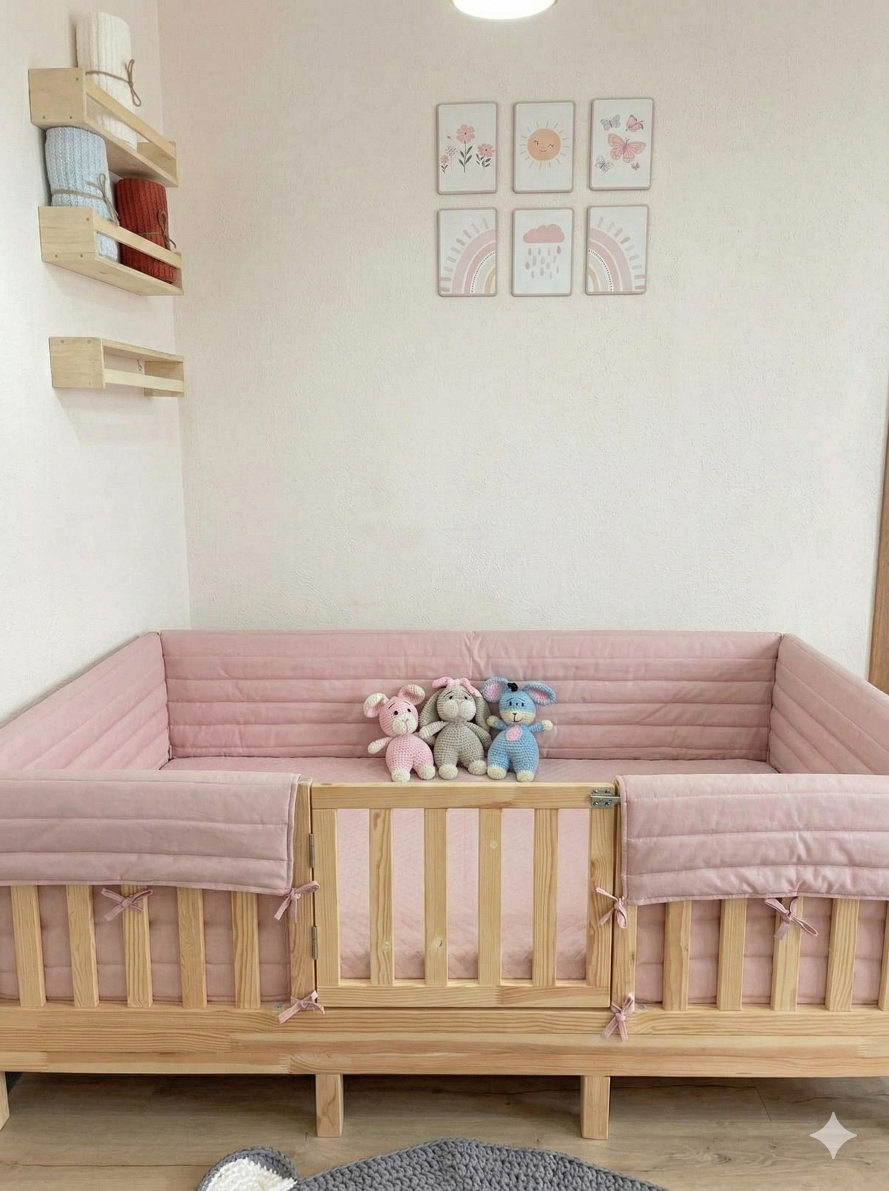 Montessori ve Beşik İçin Full İç-Dış Kenar Koruma Takımı - Darbe Önleyici Pofuduk Tasarım Açık Pudra Renk