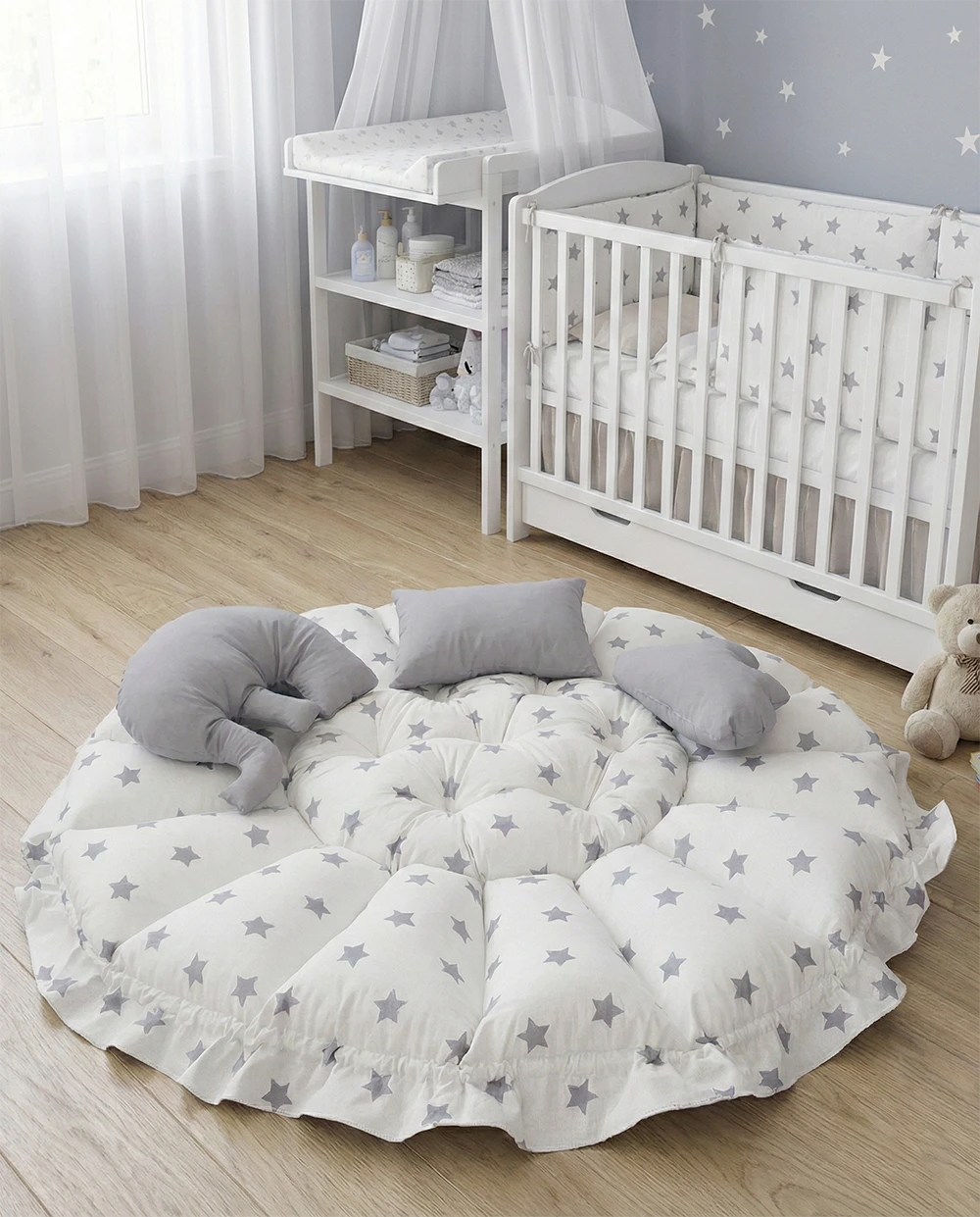 3'ü 1 Arada BabyNest Uyku ve Oyun Minderi Seti - 3 Figürlü Yastık Hediyeli Gri