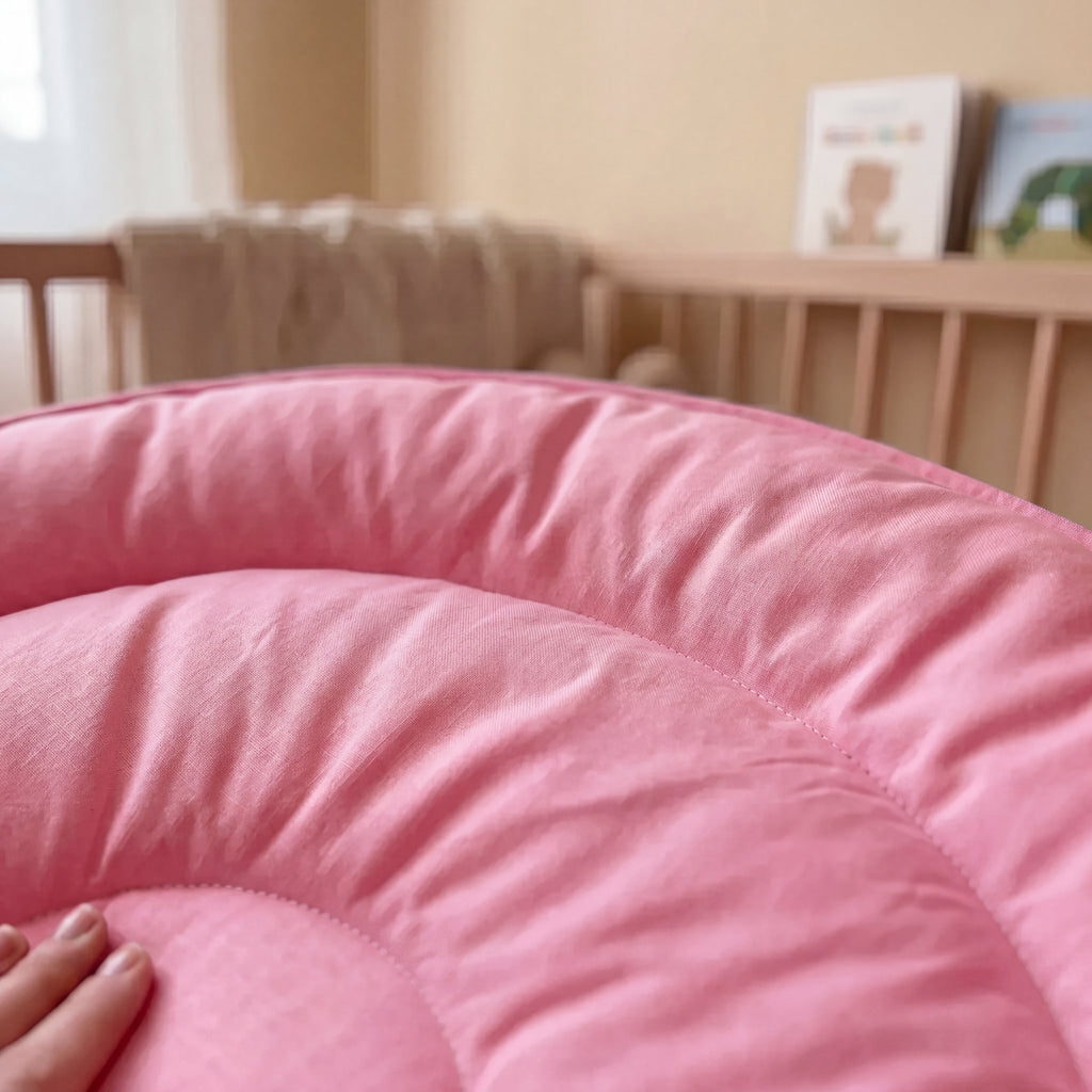Şeker pembe yuvarlak bebek oyun minderi
