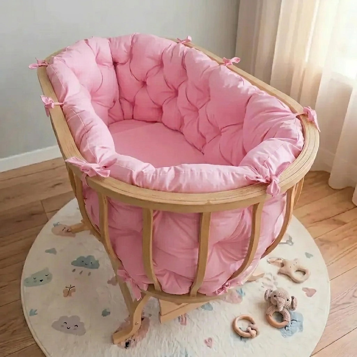 Şeker Pembe Renk Pamuk Kumaş Sepet Beşik Kenar Koruma Minderi