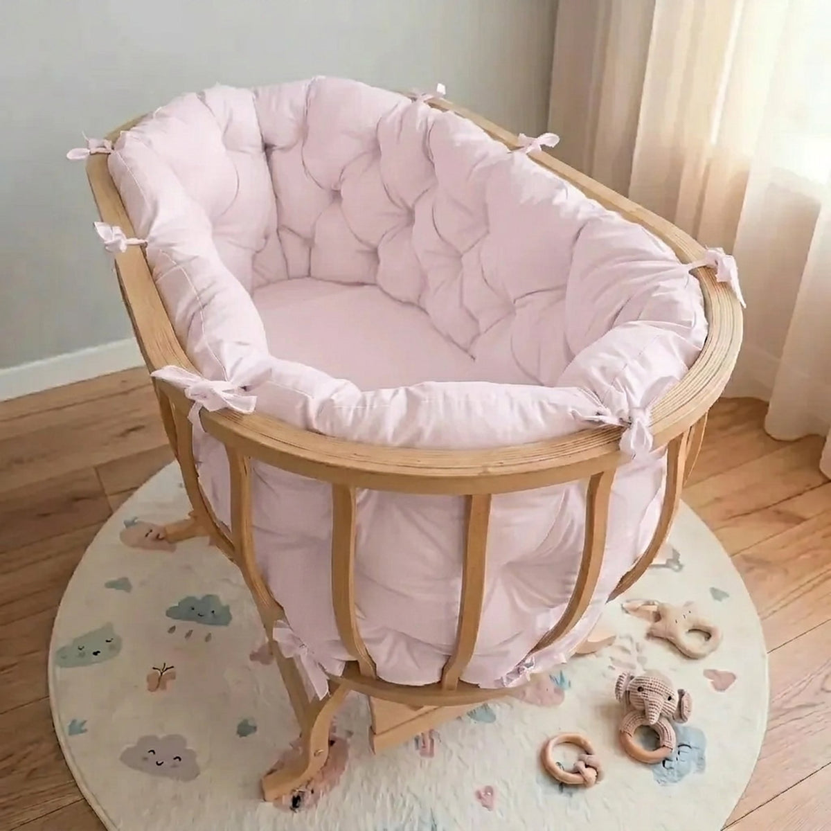 Toz Pembe Renk Pamuk Kumaş Sepet Beşik Kenar Koruma Minderi